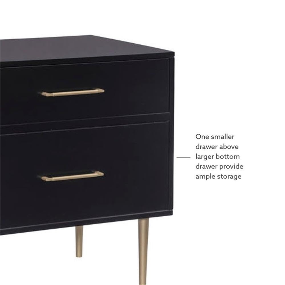 Linon Dylan Black Wood Nightstand with 2 Drawers & Gold Accents - Modern Bedside Table for Bedroom, Guest Room, or Dorm