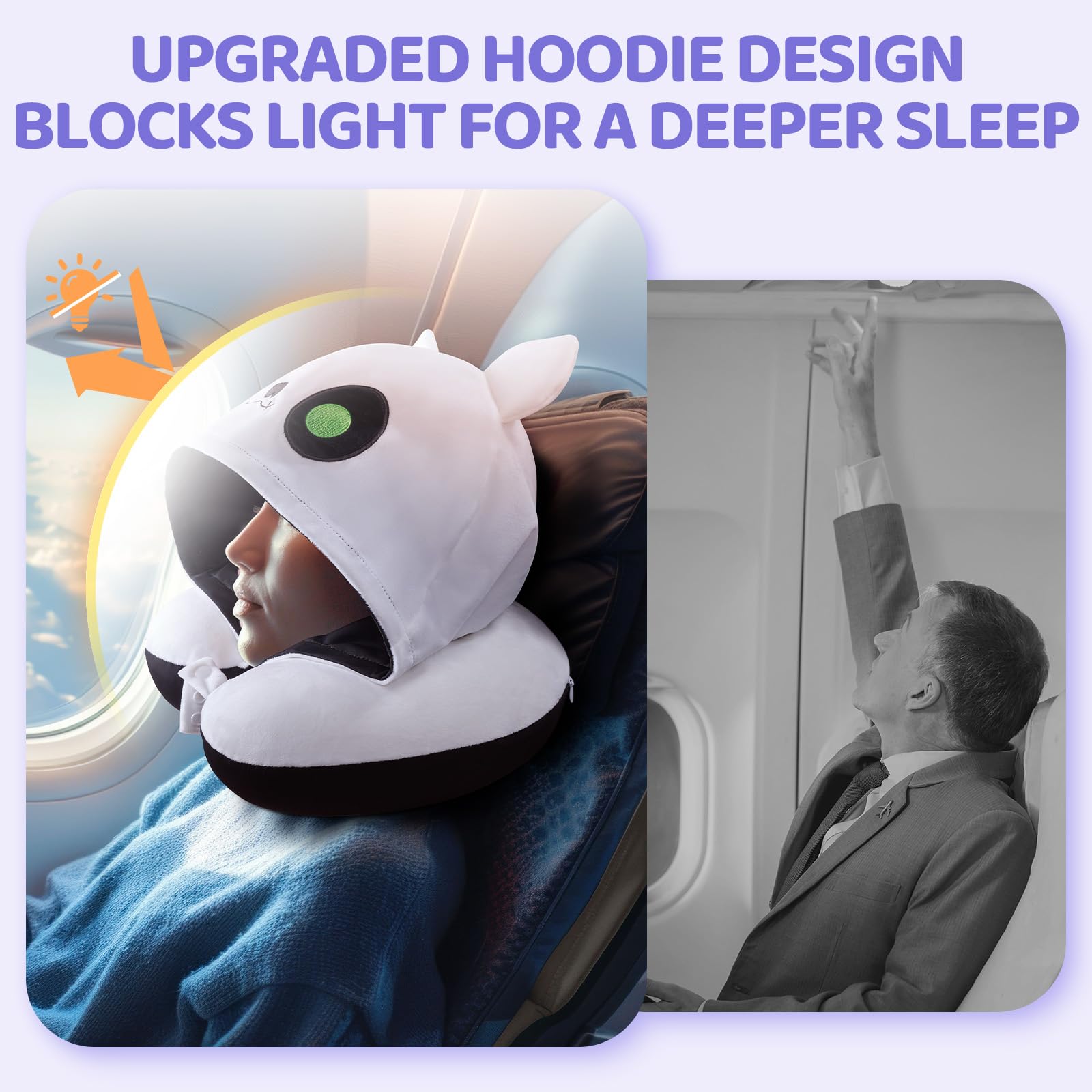 Memory Foam Travel Neck Pillow with Hood & Adjustable Strap - Soft Velvet & Cooling Ice Silk Fabric for Kids & Adults - Perfect for Airplane, Car & Office Napping
