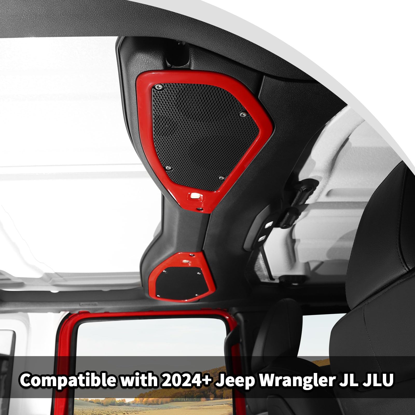 2024-2025 Jeep Wrangler JL/JLU & Gladiator JT 4xe Interior Accessories - JWWY ABS 4PCS Red Speaker Audio Player Trim Top & A Pillar Cover Trim Set | Perfect for Off-Road Adventures & Car Audio Upgrades