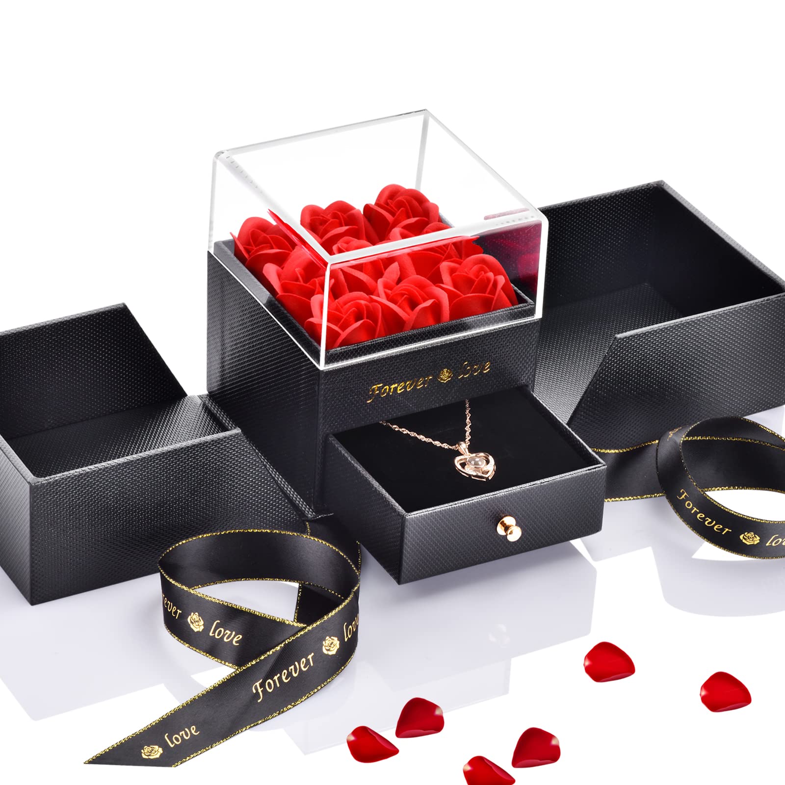 AuDafu 9-Piece Eternal Rose Gift Box with Necklace - Homemade Preserved Roses for Women, Romantic Anniversary & Birthday Gifts for Girlfriend | Perfect for Valentine's Day, Wedding Proposals & Special Occasions