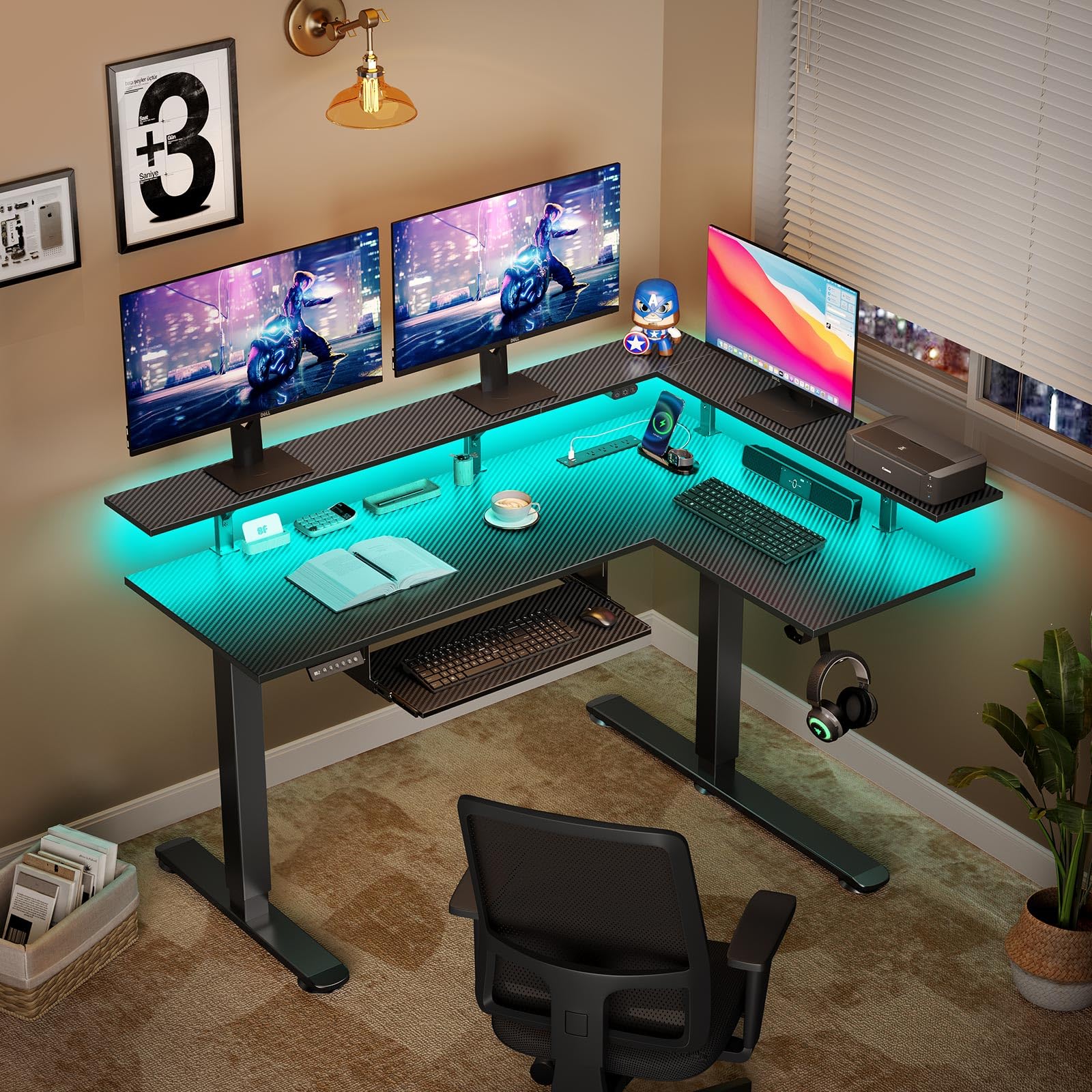 Rolanstar L-Shaped Electric Standing Desk with LED Light & Power Outlet - Dual Motor Height Adjustable Workstation with Monitor Stand & Keyboard Tray (Carbon Fiber Black) - Perfect for Home Office, Gaming Setup & Workspace Ergonomics