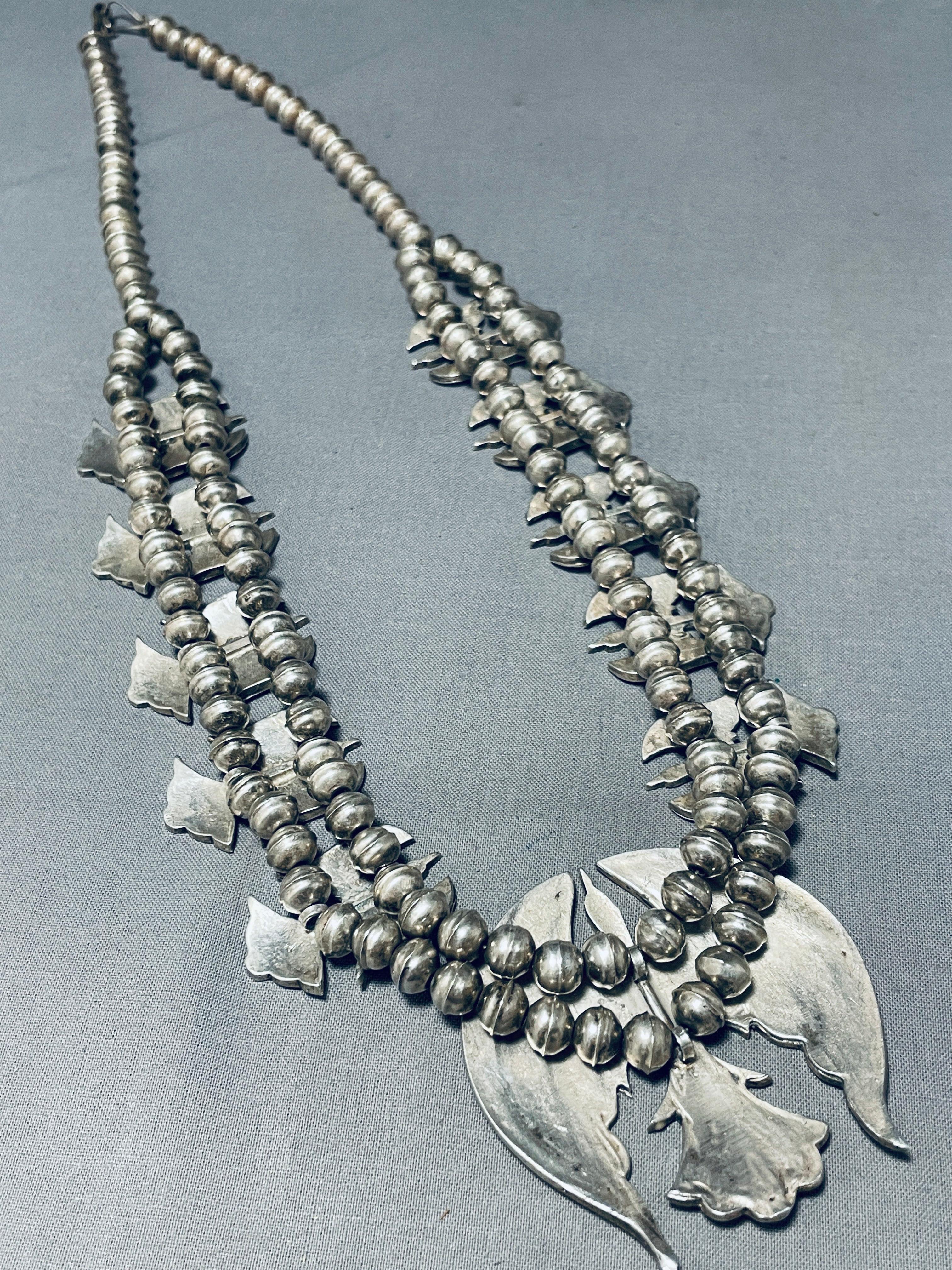 124 Gram Vintage Native American Navajo Turquoise Inlay Sterling Silver Squash Blossom Necklace - Handcrafted Southwest Jewelry for Women, Perfect for Boho Fashion, Weddings & Special Occasions