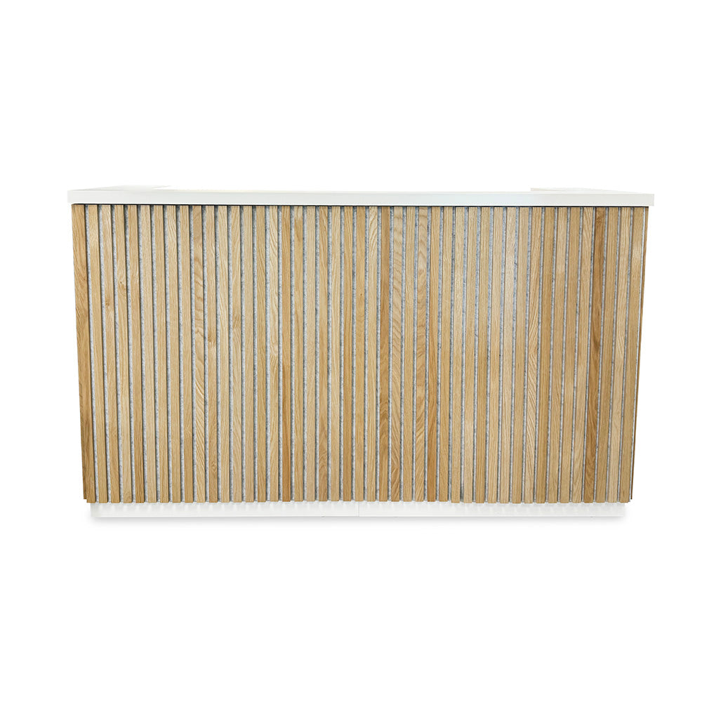 KENTO 180cm Modern Reception Desk with White & Oak Timber Slat Acoustic Panel - Perfect for Office Lobby, Hotel Front Desk, and Corporate Waiting Areas