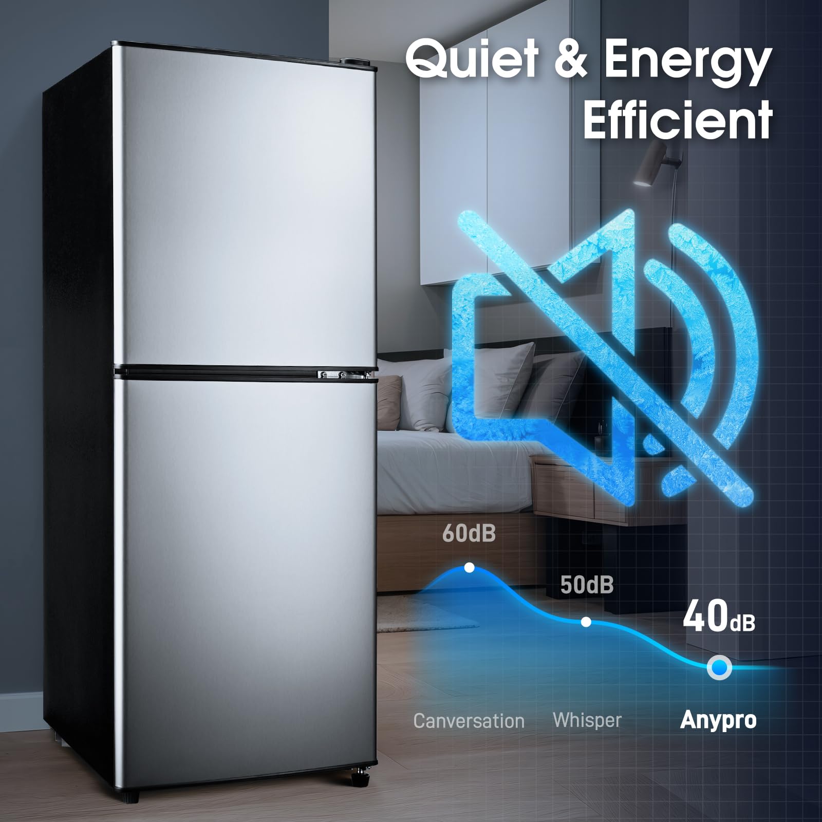 4.1 Cu.Ft Compact Refrigerator with Bottom Freezer & Storage Drawer - 2 Door Mini Fridge with 7 Adjustable Temperature Settings, Large Capacity Silver Design - Perfect for Bedroom, Dorm, Office, Apartment, Kitchenette & Small Spaces