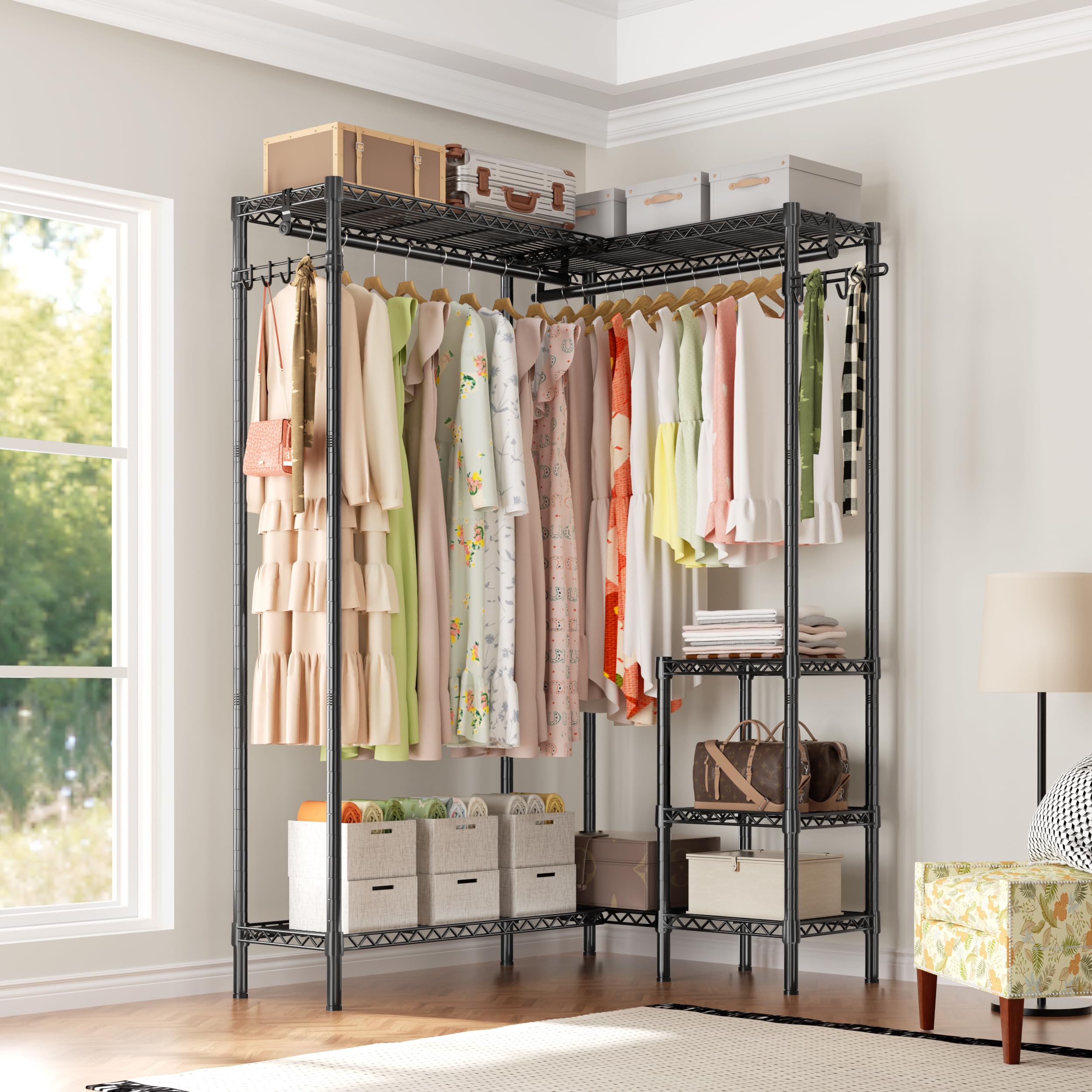 Heavy Duty Metal Clothes Rack - 4 Tier Adjustable Garment Rack with 3 Hanger Rods & 2 Hooks, 800lbs Capacity Freestanding Wardrobe System for Bedroom, Closet Organization & Laundry Room Storage