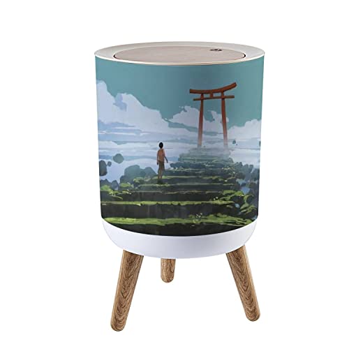 Round Push-Top Trash Can with Lid - 7L/1.8 Gallon Dog-Proof Wastebasket for Living Room | Japanese Torii Gate Art Painting Design | Ideal for Home, Office & Kitchen Use