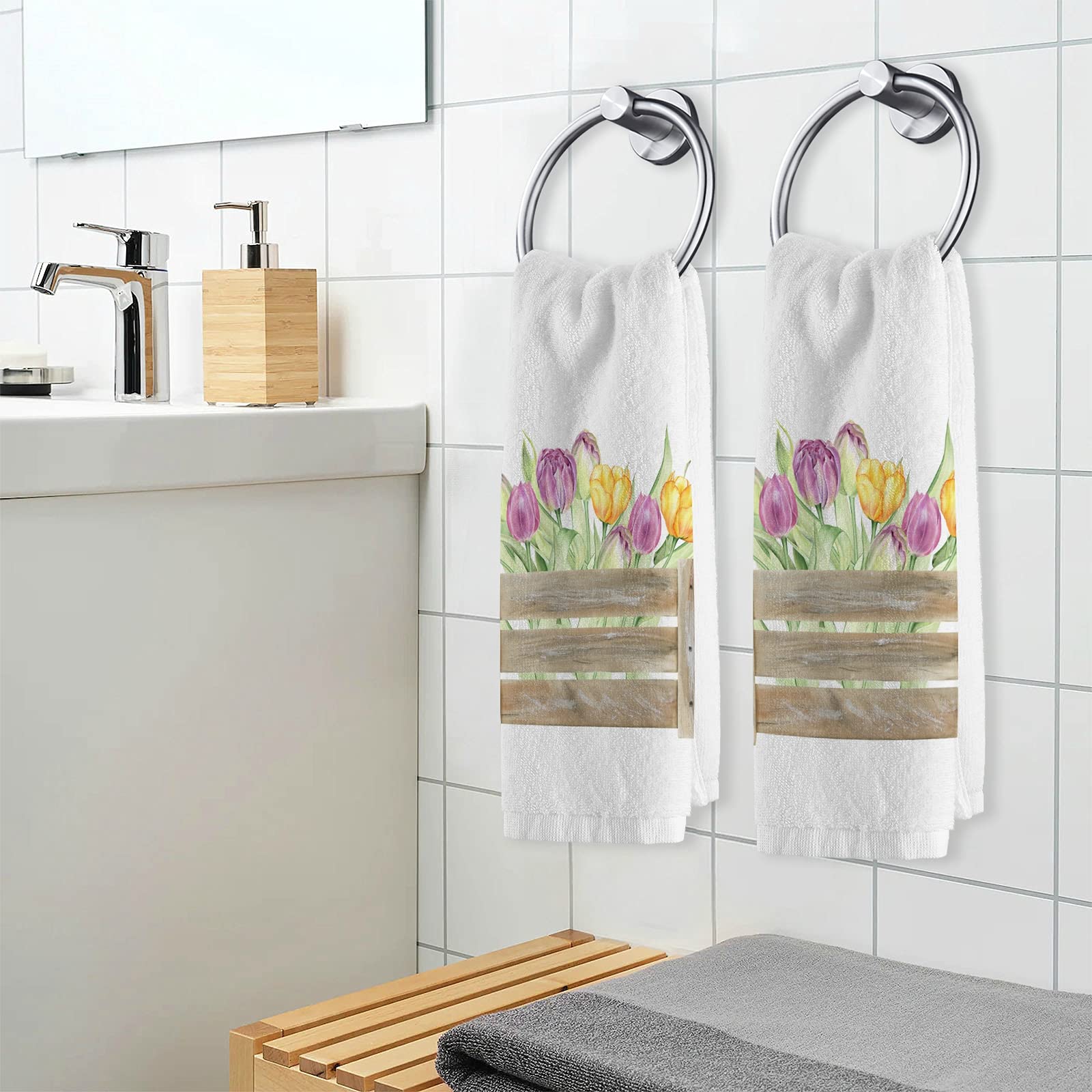 ALAZA Yellow Tulip Cotton Hand Towel Set of 2 - 16x30 Inch Soft & Absorbent Bath Towels for Hotel, Spa & Home Bathroom Decor - Perfect for Guest Rooms, Luxury Bathrooms & Gifting