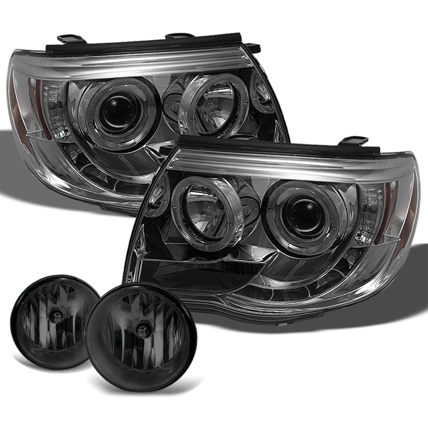 AKKON Smoked Dual Halo Ring LED Projector Headlights + Fog Lights for Toyota Tacoma Pickup Truck - High Visibility Night Driving & Off-Road Adventure Lighting