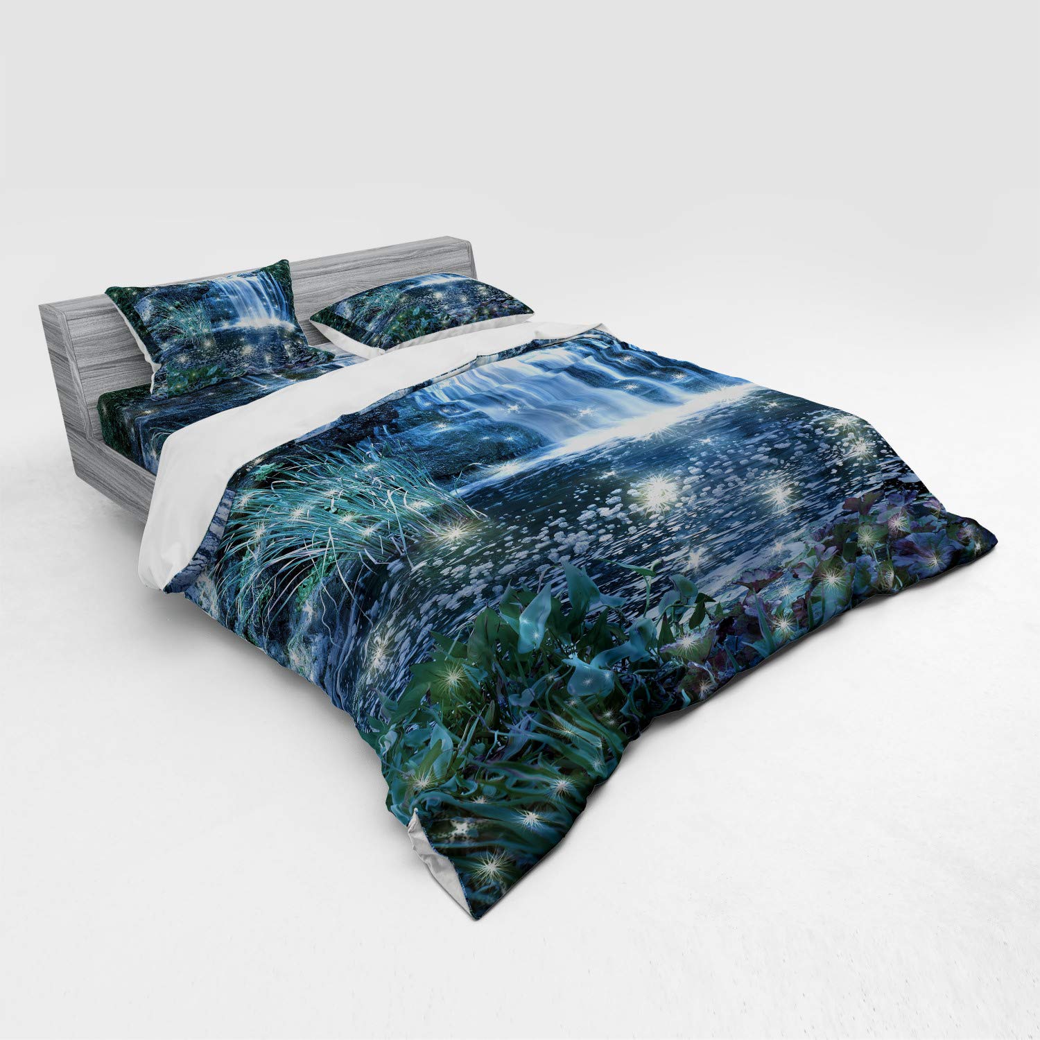 Ambesonne Magic Bedding Set - 4 Piece Duvet Cover Set with Shams & Fitted Sheet, King Size, Grey Green Water Landscape Print | Luxury Bedroom Decor for Modern Homes & Guest Rooms