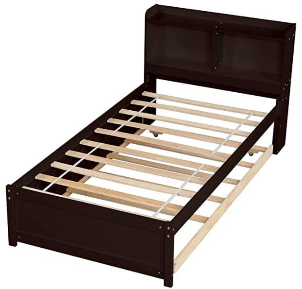 Harper & Bright Designs Twin Bed with Trundle - Solid Wood Platform Bed Frame with Bookcase Headboard for Teens, No Box Spring Needed, Espresso - Perfect for Small Bedrooms, Guest Rooms & Kids' Rooms