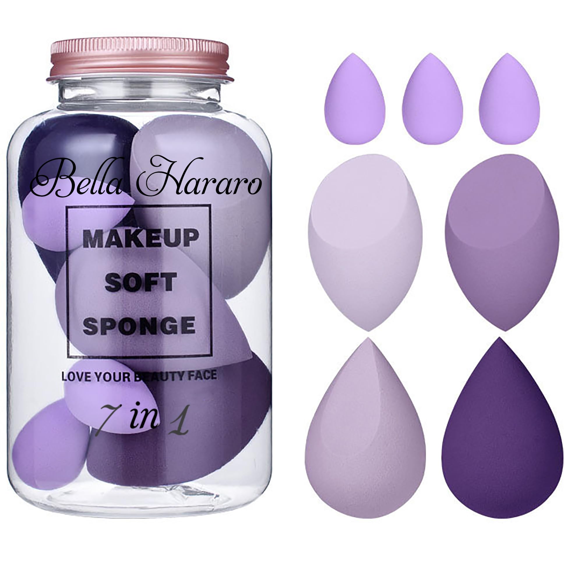 Bella Hararo 7-in-1 Elastic Soft Makeup Sponge Beauty Blender with Plastic Jar - Purple | Foundation Blending, Contouring & Highlighting | Perfect for Professional Makeup & Travel
