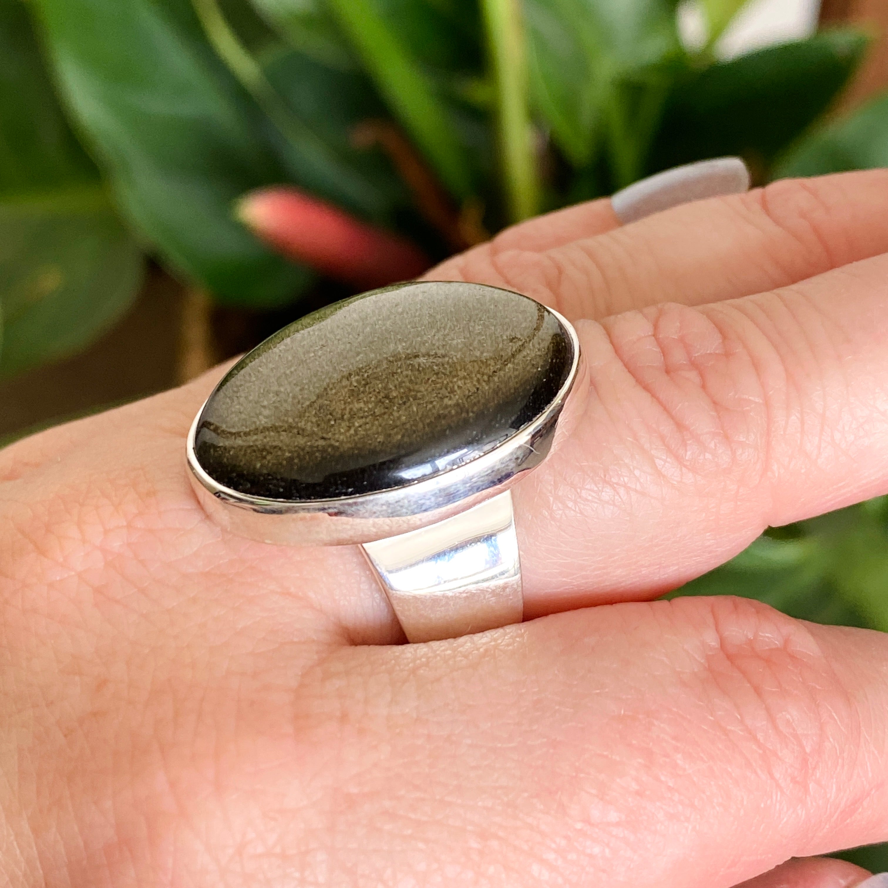 Goldsheen Obsidian Oval Cabochon Ring - Size 9 - KRGJ3342 - Elegant Gemstone Jewelry for Women, Perfect for Everyday Wear & Special Occasions