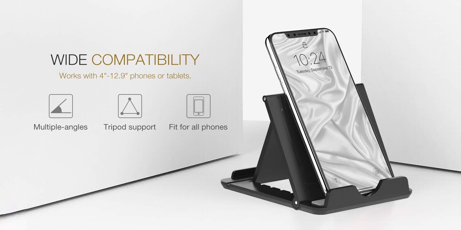 MoKo Foldable Phone & Tablet Stand - Adjustable Desktop Holder Compatible with iPhone 16/15/14/13 Series (Pro/Pro Max/Plus), Steam Deck - Black (Large) - Perfect for Home Office, Video Calls, Gaming & Hands-Free Viewing