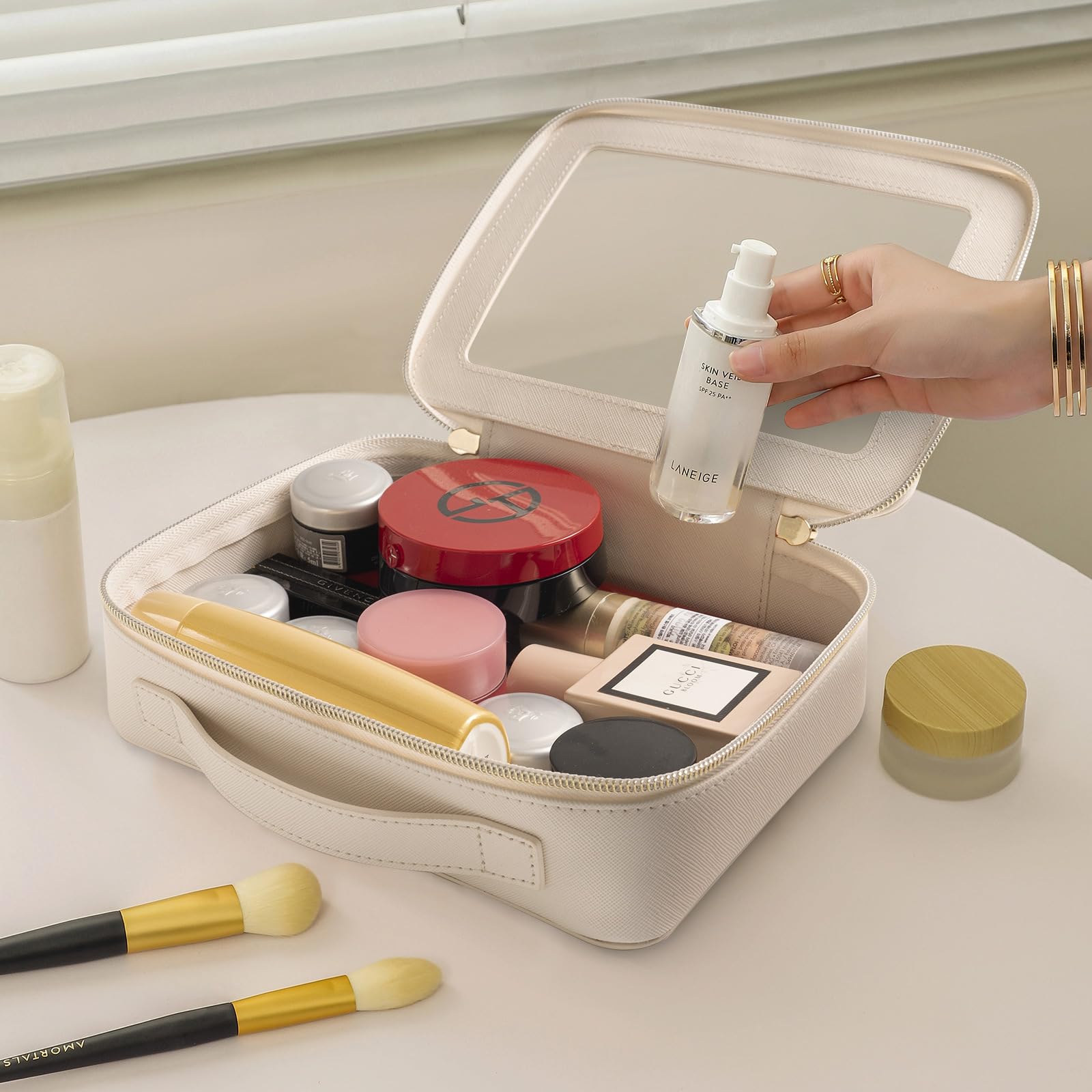 Clear Makeup Bag - TSA Approved Travel Cosmetic Case with Double Zipper, Square PU Leather Toiletry Organizer Pouch, Waterproof & Easy to Clean - Perfect for Travel, Gym, and Daily Essentials Storage
