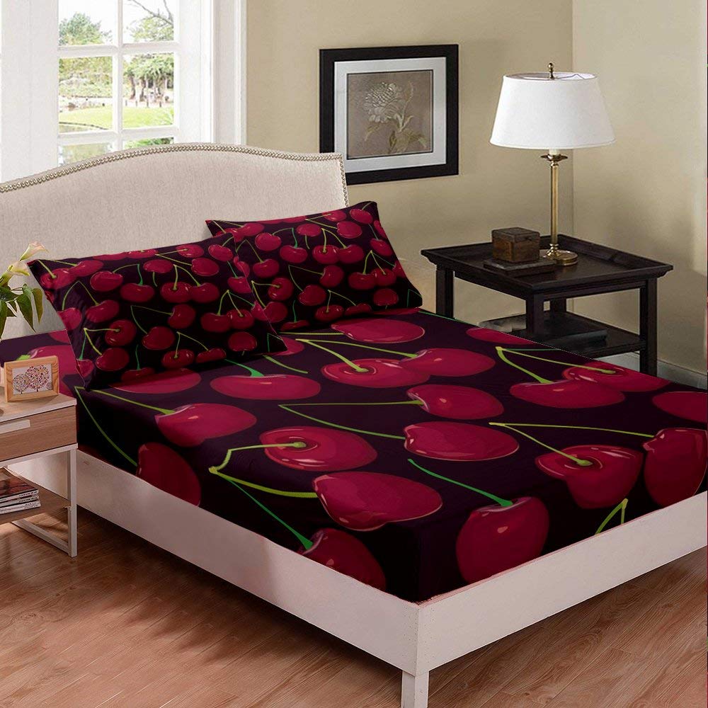 Soft Breathable 3-Piece Kids Bed Sheet Set - Red Cherries Pattern Fitted Sheet with 2 Pillowcases (Queen Size) | Fruit-Themed Burgundy Duvet Cover for Teens & Young Adults | Perfect for Nursery, Dorm Room or Kids Bedroom Decor