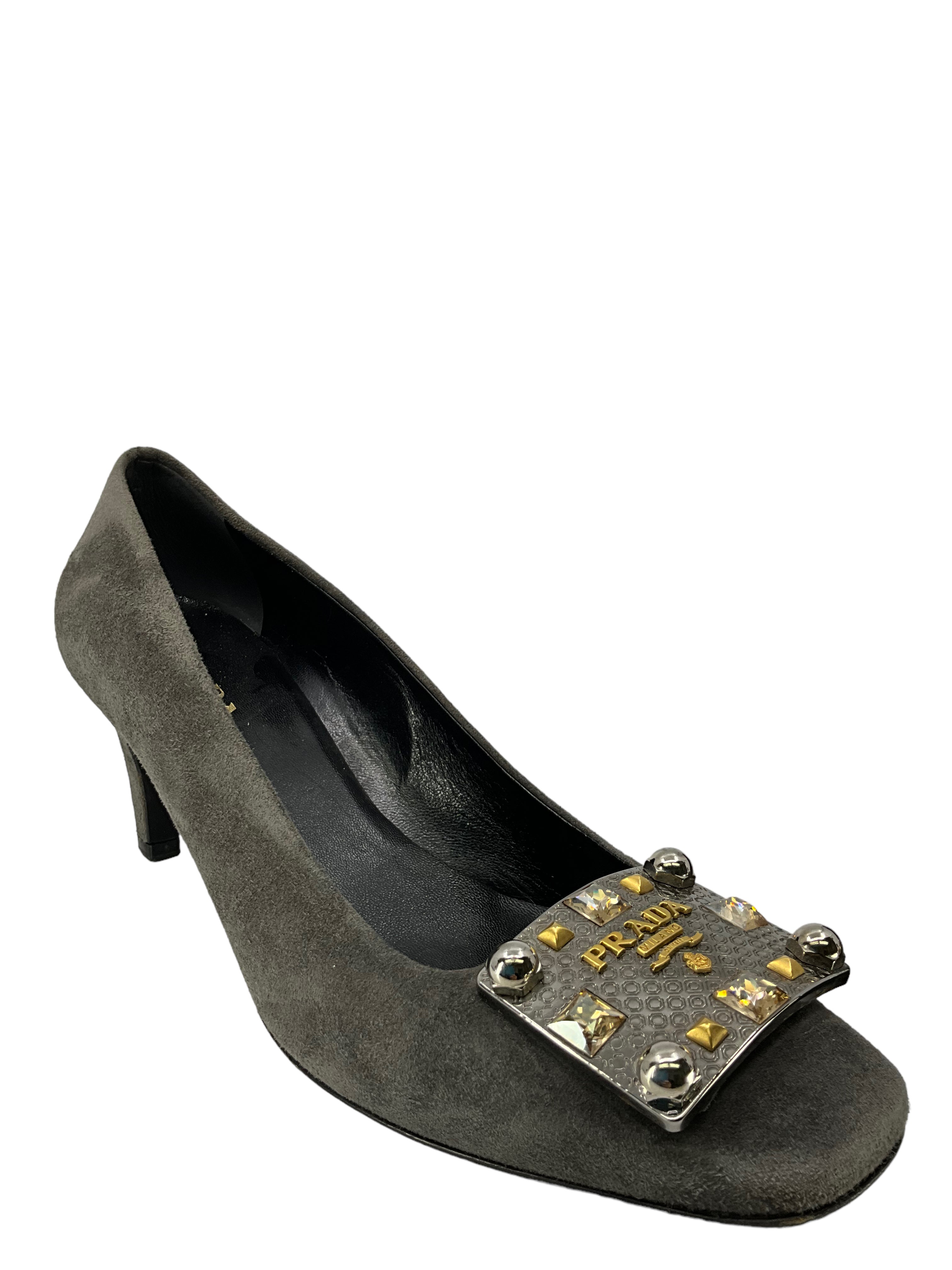 Prada Gray Suede Embellished Heels Women's Size 9 | Luxury Designer Pumps for Parties, Weddings & Formal Events