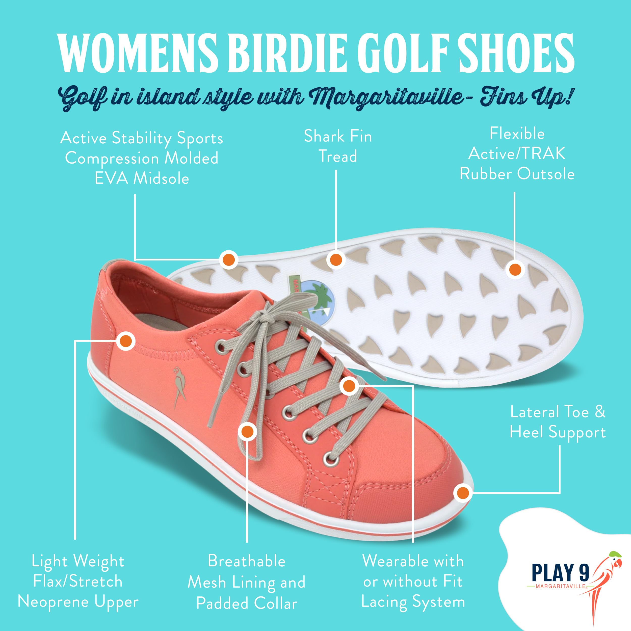 Margaritaville The Birdie Women's Spikeless Golf Shoes - Comfortable Ladies Golf Footwear with Rubber Toe Guard & Stability Heel Frame - Athletic Lace-Up Sneakers for Walking, Driving Range & Casual Wear