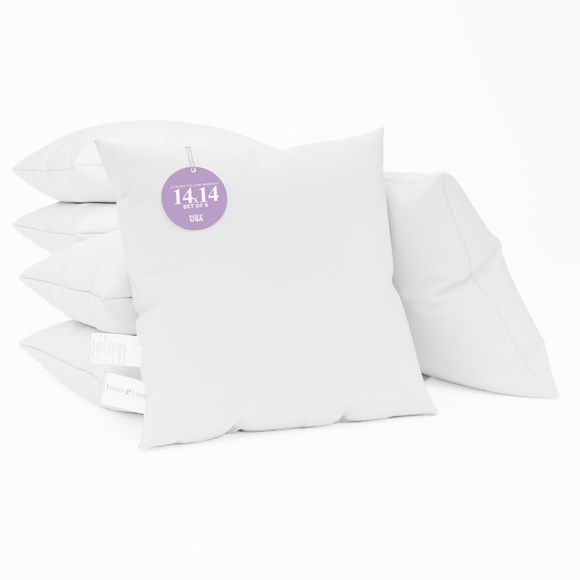 Premium Hypoallergenic 14x14 Inch Pillow Inserts Set of 6 - Made in USA, Soft Couch Pillow Forms for Living Room, Bedroom & Home Decor by Looms and Linens - Perfect for Sofa, Sectional, Chair & Bed Accents
