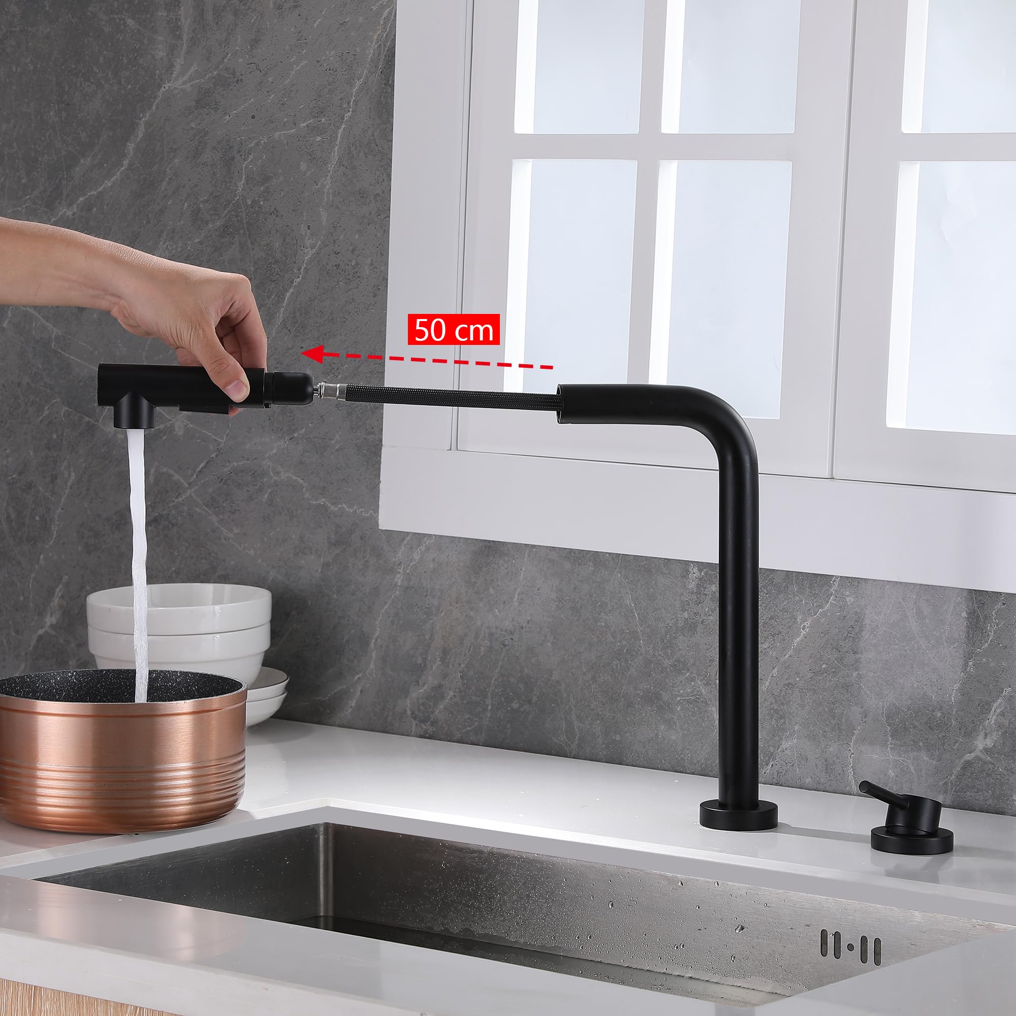 Sumerain Black 2-Hole Kitchen Sink Faucet with Pull-Out Sprayer and Single Handle - Modern Side Spray Design for Easy Dishwashing and Food Prep
