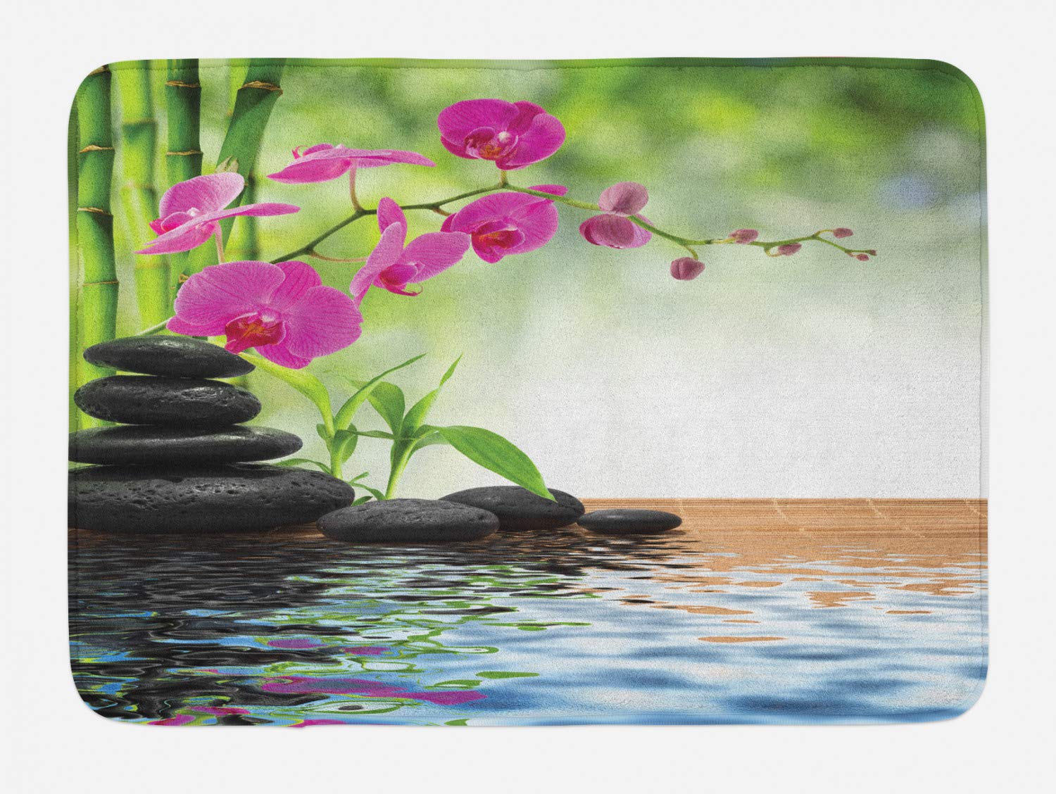 Ambesonne Non-Slip Plush Bath Mat with Orchid & Greenery Design - 30