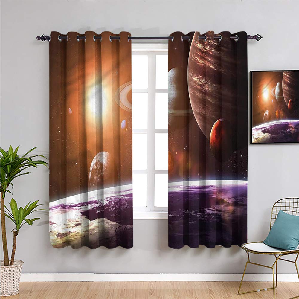 Modern Funny Solar System Planets Space Curtains - 84 Inch Length, 108 Inch Width - Blackout & UV Protection for Bedroom, Living Room, Kids Room Decor