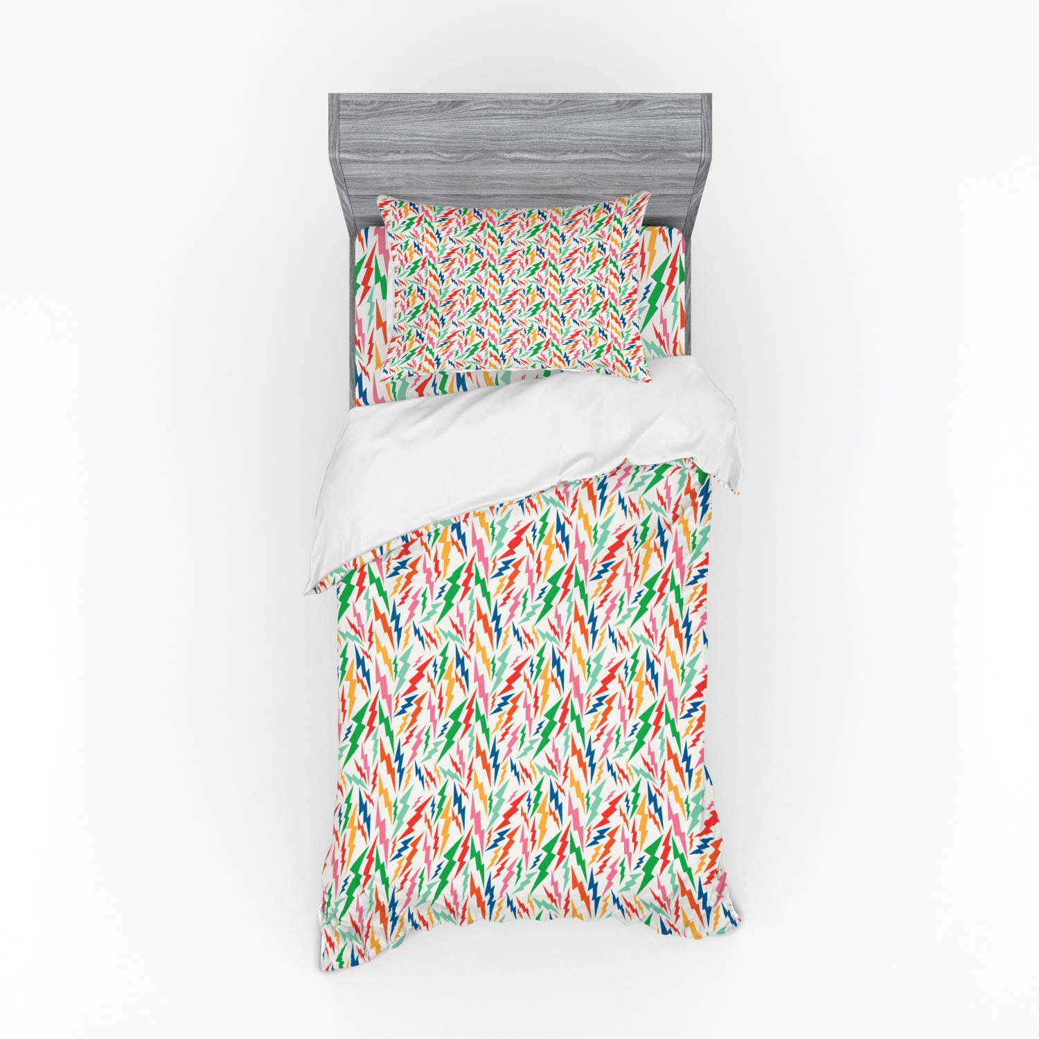 Ambesonne Colorful Bedding Set - Retro Thunder Bolt Design for Teens | Twin Size 3-Piece Duvet Cover | Fun Youth Room Decor