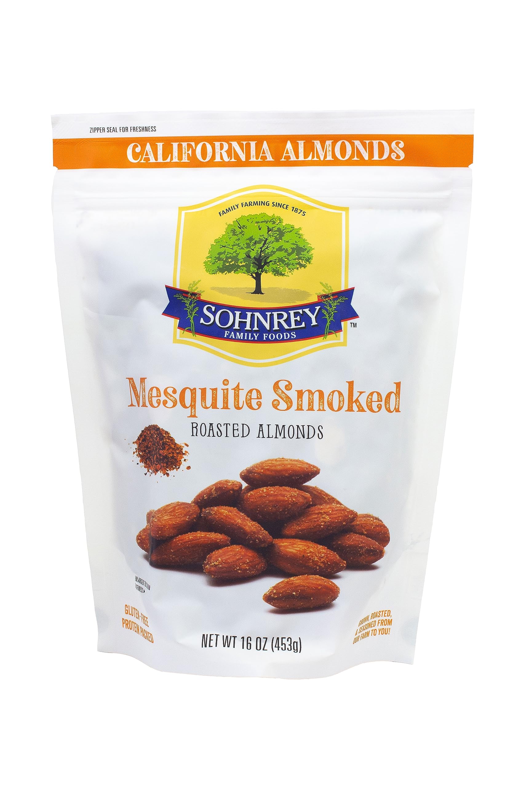 Mesquite Smoked Almonds 16oz - Steam Pasteurized, Smoky & Savory Roasted Nut Snacks - Sohnrey Family Farm - Perfect for Parties, Hiking & Healthy Snacking