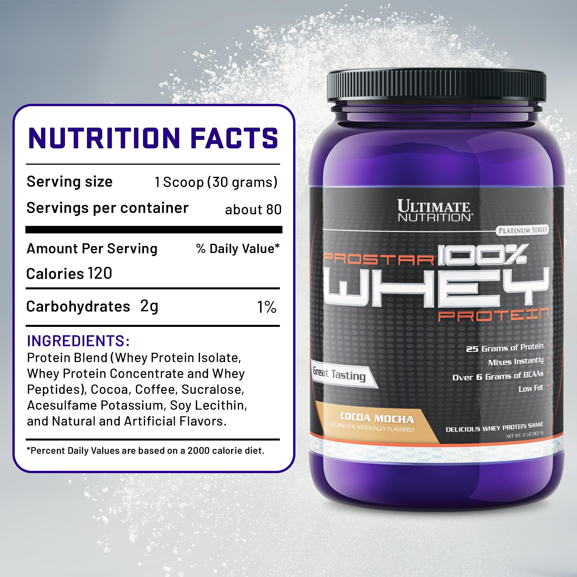 Ultimate Nutrition Prostar Whey Protein Powder Isolate - Gourmet Cocoa Mocha Flavor | Low Carb, High Protein Shake for Muscle Building & Recovery | Keto Friendly, Low Sodium & Low Fat | 2 lbs Tub | Perfect for Post-Workout, Weight Loss & Healthy Lifestyle