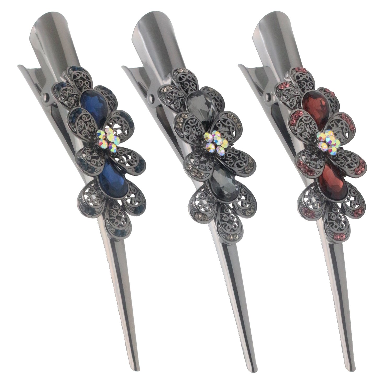 HOLLIHI 3-Pack Large Metal Alligator Hair Clips for Women - Strong Non-Slip Hair Grips for Thick Hair, Silver Gray (Clover) | Perfect for Updos, Ponytails & Everyday Hairstyles