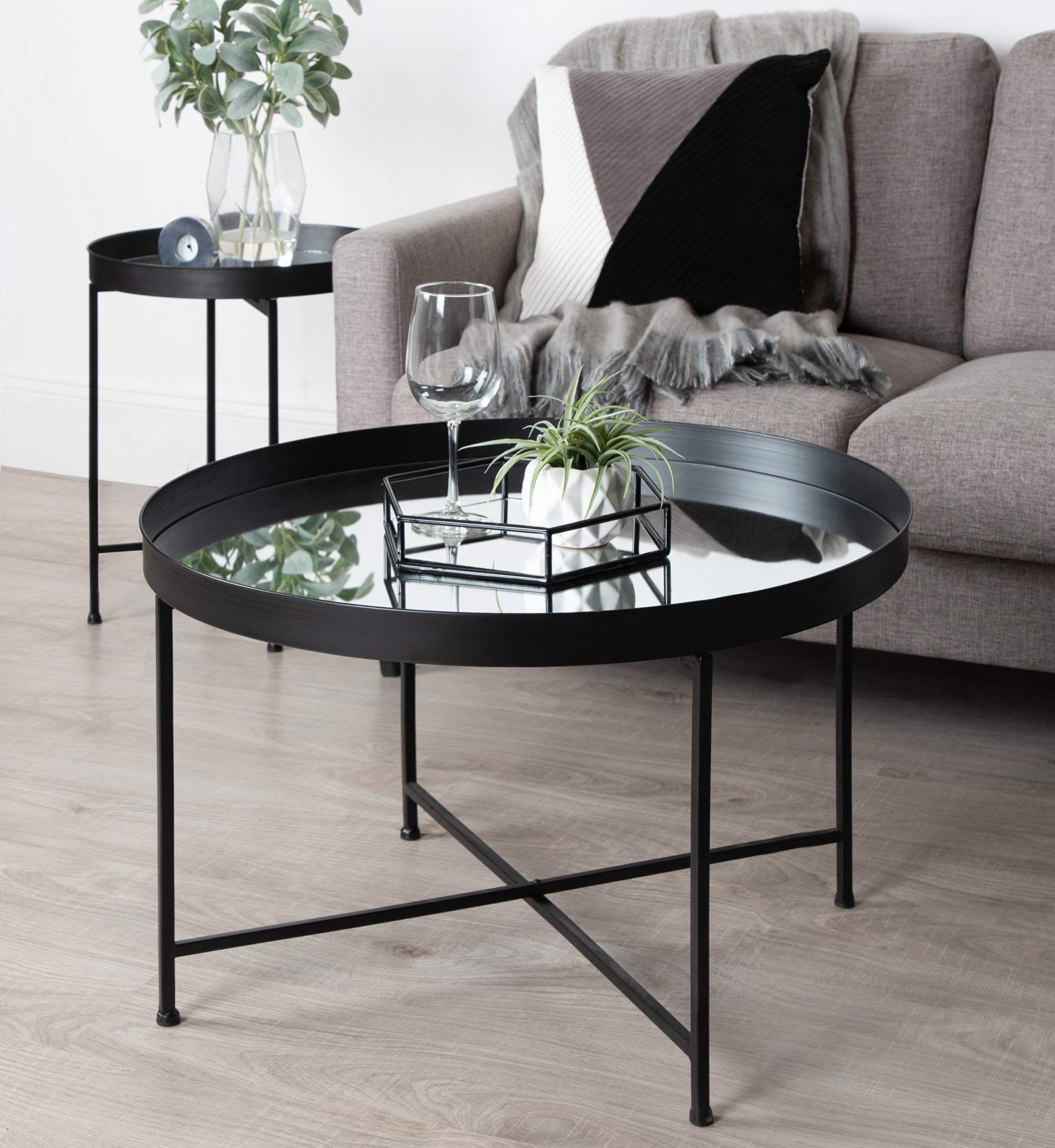 Black Round Metal Foldable Coffee Table with Mirrored Tray - Perfect for Small Spaces