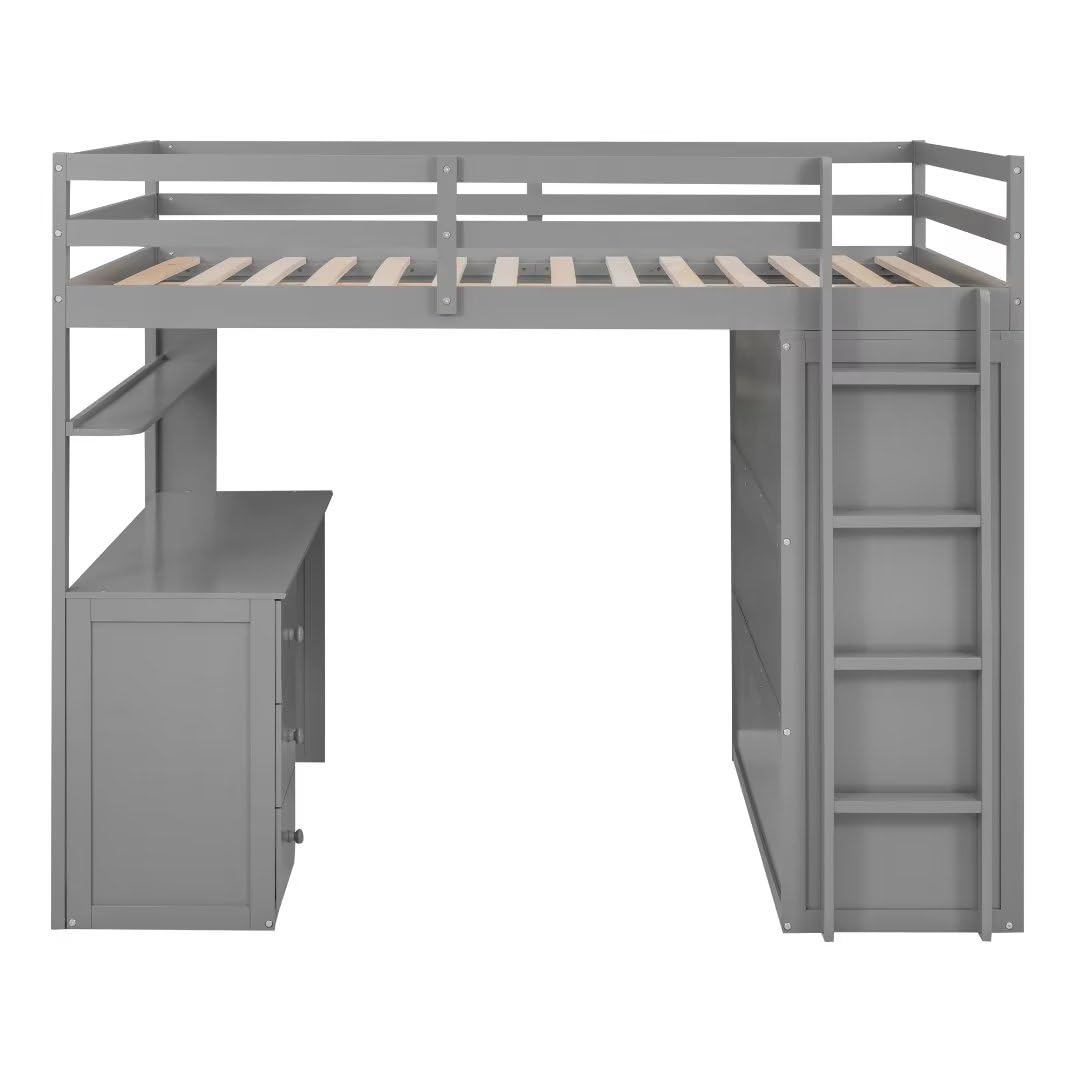Full Size Loft Bed with Wardrobe, Desk & Drawers - Sturdy Solid Wood Multifunctional Loft Bed with Ladder & Safety Guardrail - No Box Spring Needed - Space-Saving Gray Loft Bed for Small Rooms, Dorms, Apartments & Kids Bedrooms