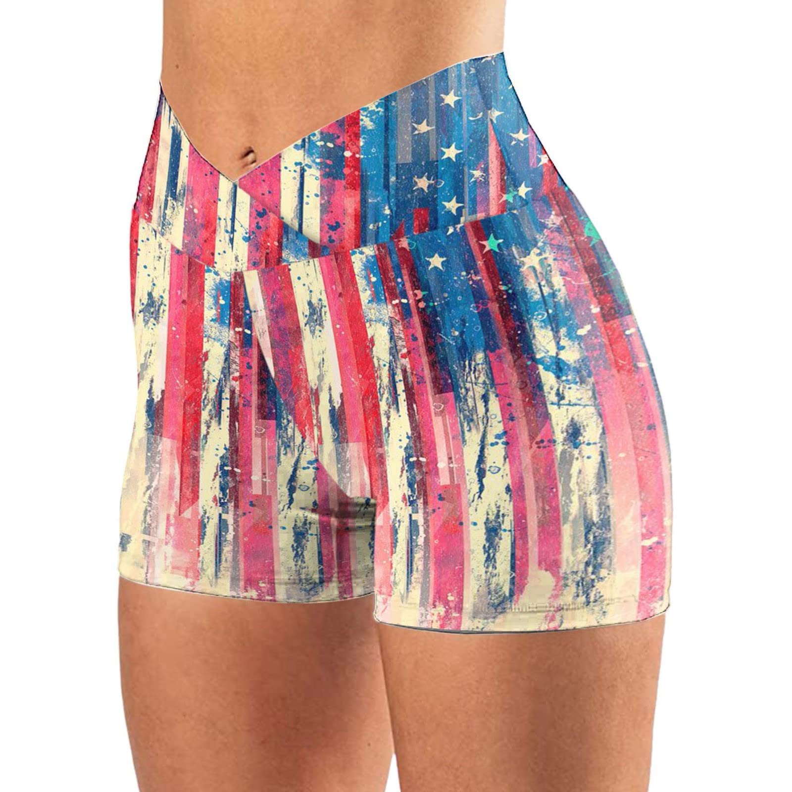 XXBR Women's Yoga Shorts - American Flag Print Athletic Shorts for Running, Workout & Fitness - High Waist Breathable Leggings for Independence Day & Sports Activities