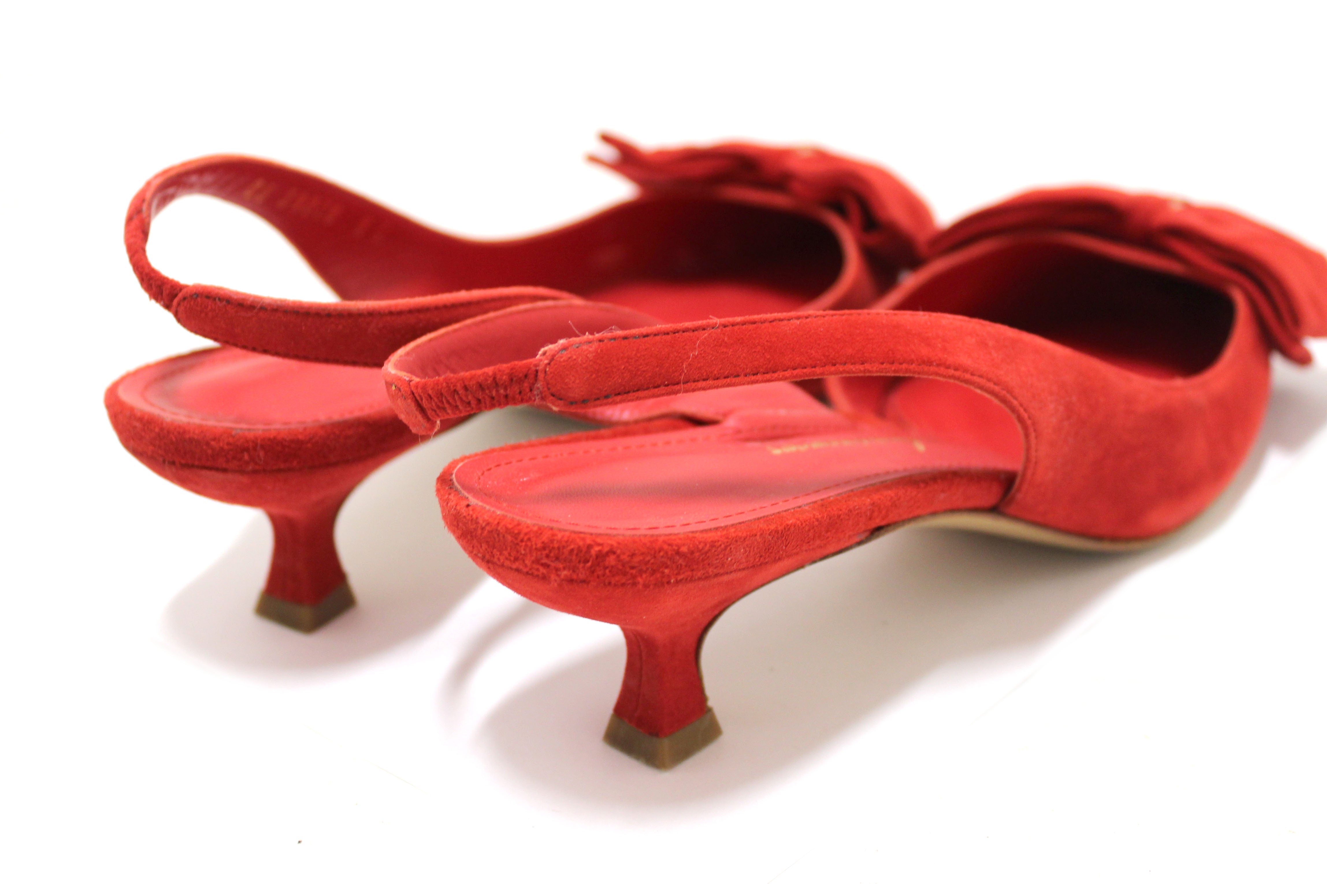 Authentic Salvatore Ferragamo Red Suede Reda Bow Slingback Pump Women's Size 8C - Elegant Heels for Weddings, Parties & Office Wear