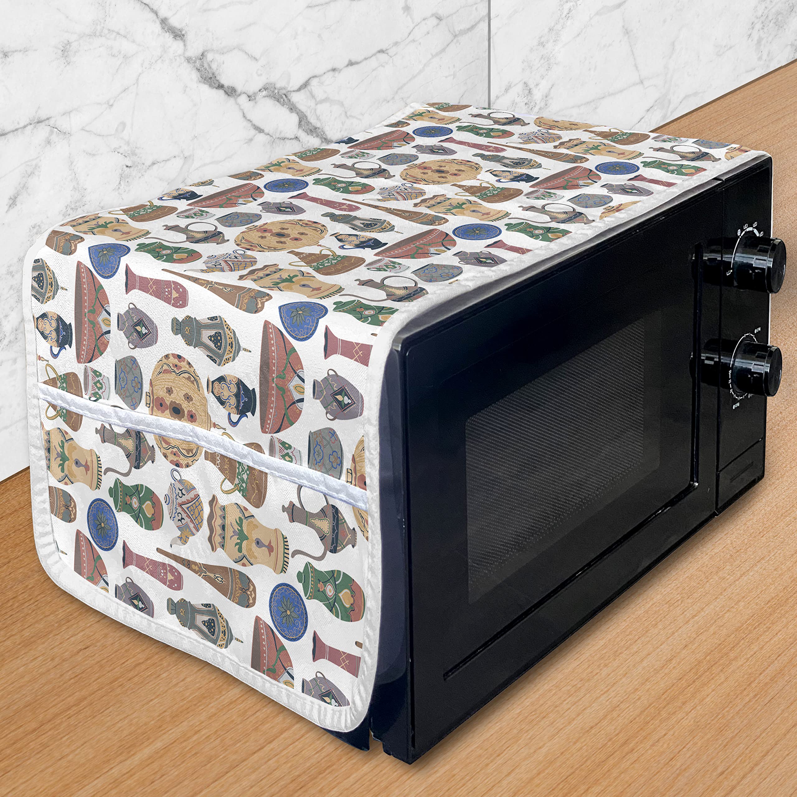Ambesonne Ceramic Print Microwave Cover - Traditional Oriental Ethnic Pottery Vase Design, Waterproof Kitchen Organizer with Pockets, 36