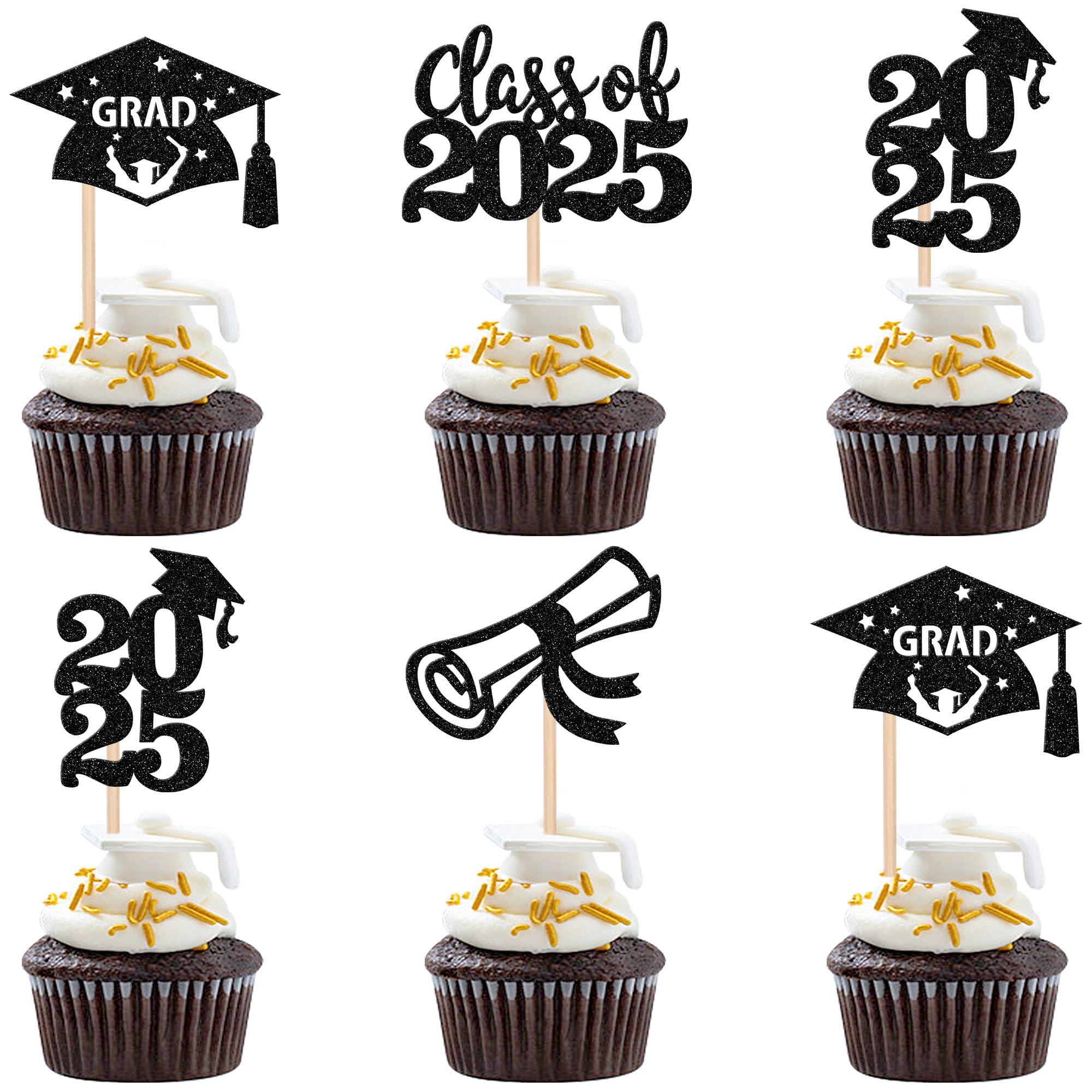 24 PCS 2025 Graduation Cupcake Toppers - Glitter Class of 2025 Diploma & Grad Cap Cupcake Picks - Perfect for Graduation Party Cake Decorations & Supplies (Black) - Ideal for Graduation Celebrations, School Parties & Dessert Table Decor