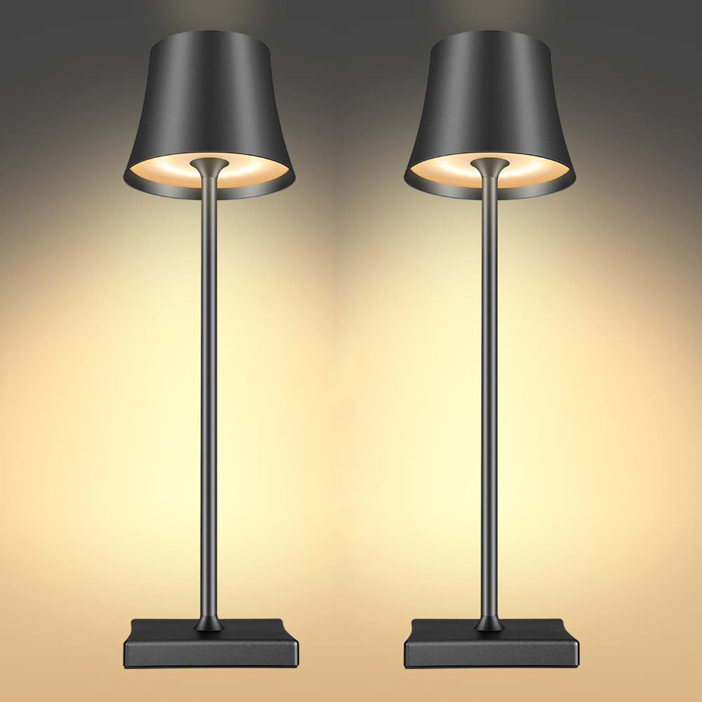 2 Pack Cordless Rechargeable Table Lamp - 5200mAh Battery Powered, Dimmable LED Desk Light, IP54 Waterproof Metal Base for Indoor & Outdoor Use - Perfect for Camping, Picnics, Restaurants, Bars, Bedroom & Living Room (Black)