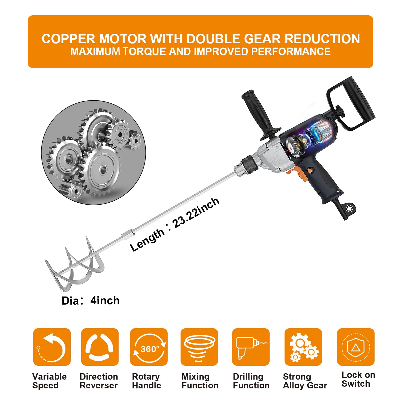MAXXT 1/2 Inch Electric Corded Drill Mixer Set with Spade Handle - 9A Motor Concrete & Mud Mixing Machine - Perfect for Construction, DIY Projects, and Cement Work