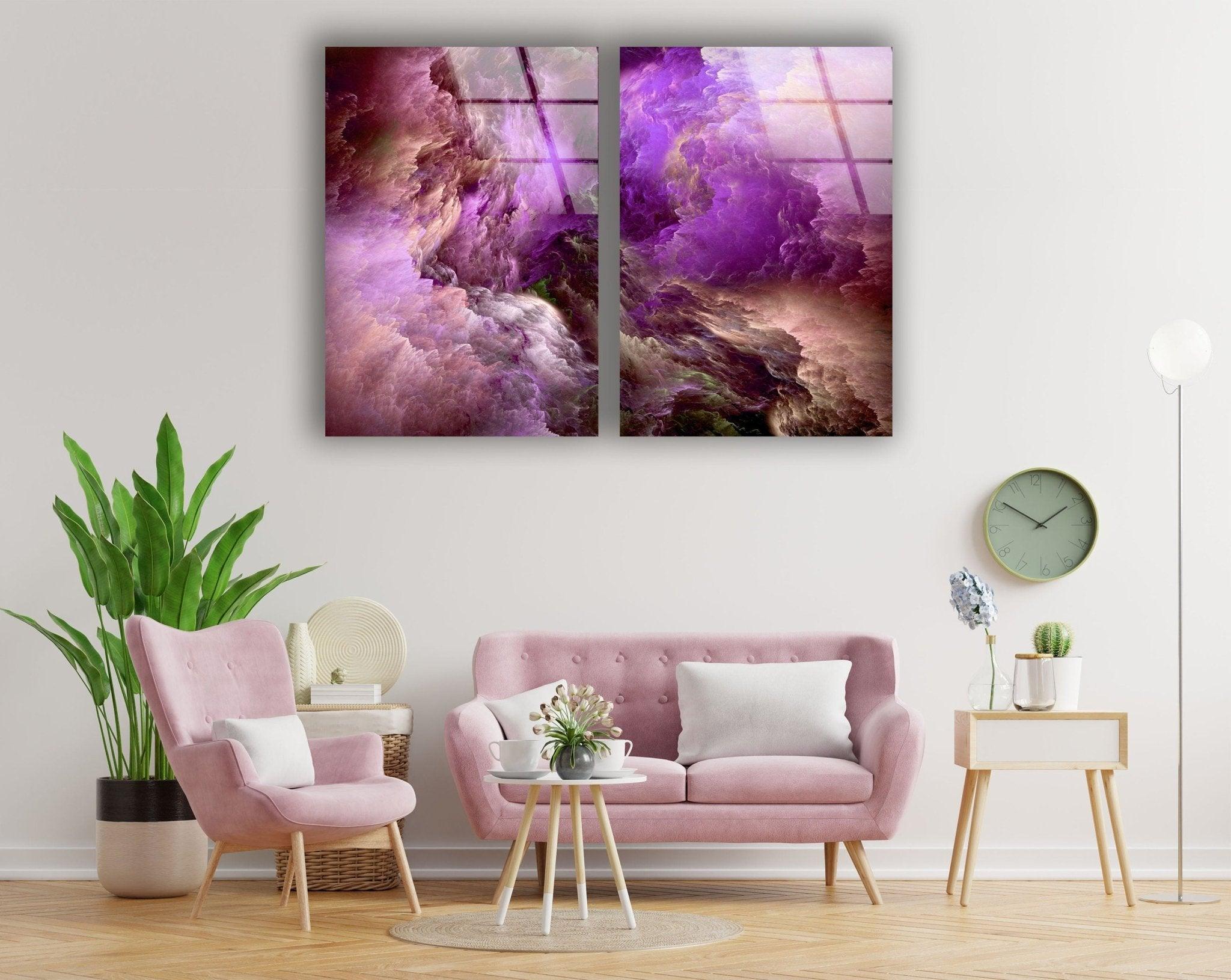 Abstract Purple Clouds Glass Wall Art - Modern Handmade Glass Decor for Living Room, Bedroom & Office - Elegant Home & Office Decoration