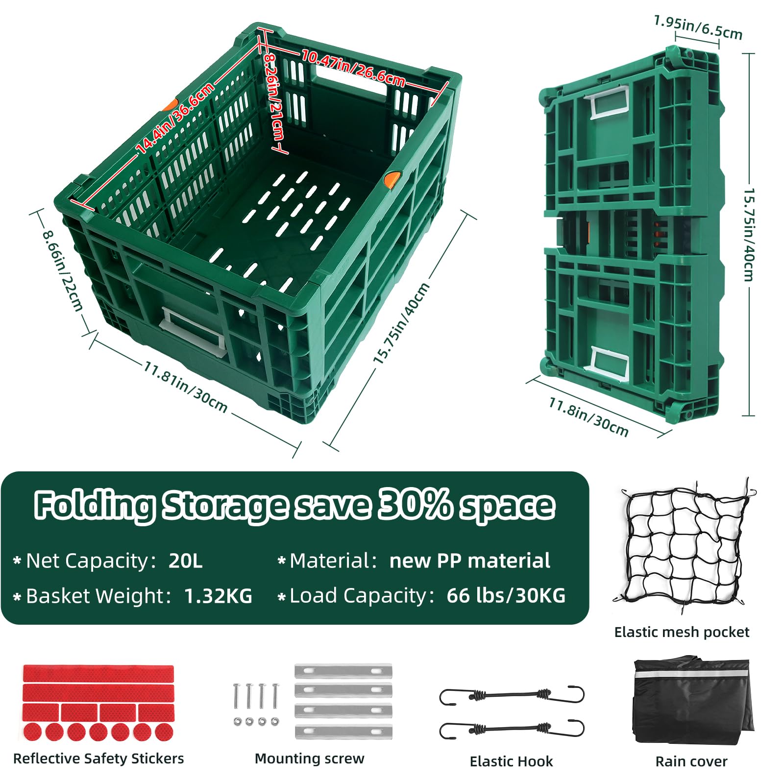 Foldable 35L Large Capacity Rear Bike Basket with Waterproof Cover - Durable Bicycle Cargo Carrier with Fixed Mesh & Reflective Stickers - Perfect for Commuting, Grocery Shopping & Outdoor Adventures