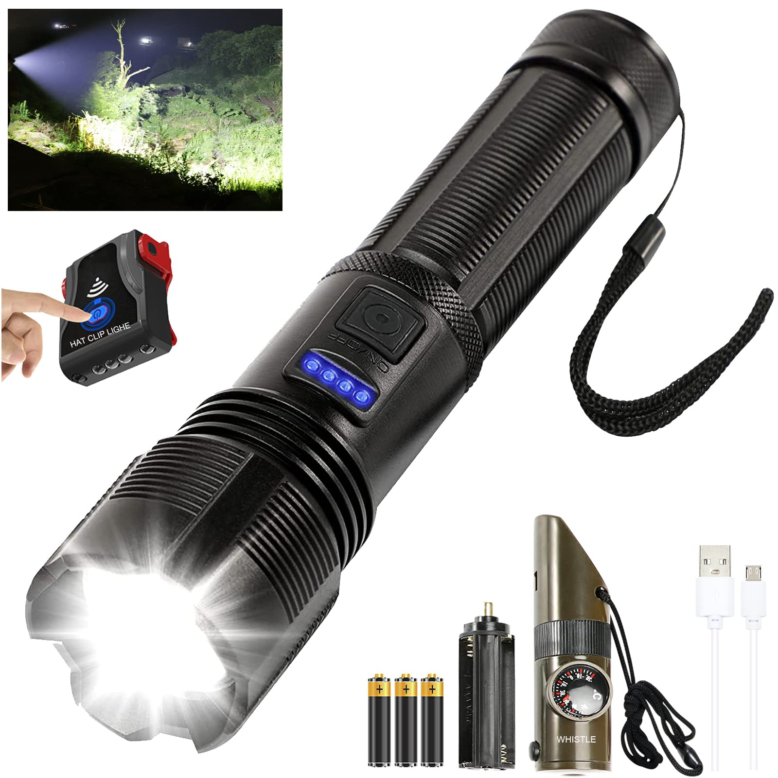 Rechargeable 95000 Lumen LED Flashlight - 5 Modes, Zoomable & Waterproof Tactical Flashlight for Emergency, Camping, Hiking - Cordlessology High Lumens Flashlight with Clip & Whistle - Perfect for Outdoor Adventures, Power Outages & Survival Kits