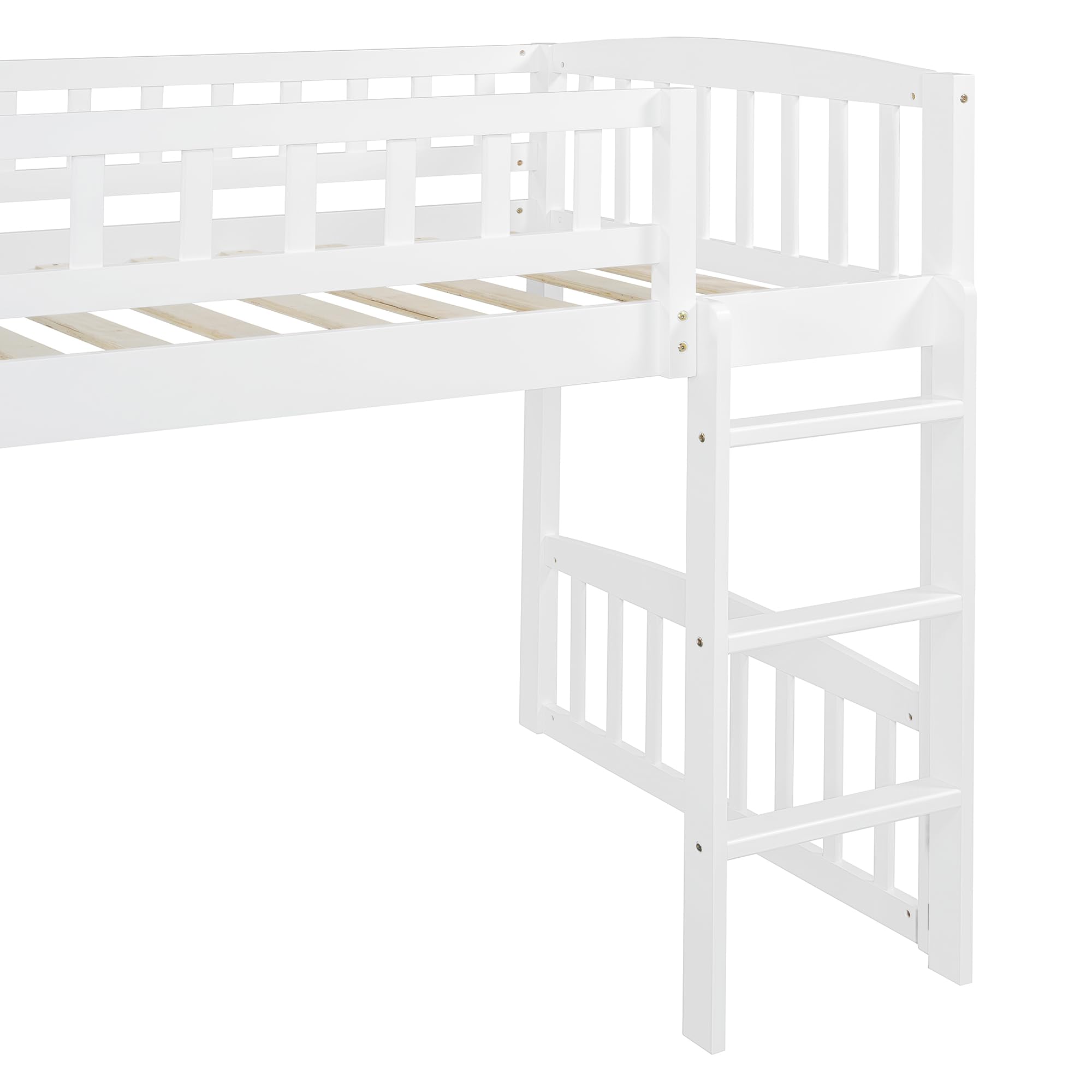 Twin Size Low Loft Bed with Slide and Ladder - Sturdy Wooden Loft Bed Frame for Kids, Girls & Boys - White - Perfect for Small Bedrooms, Playrooms & Dorm Rooms