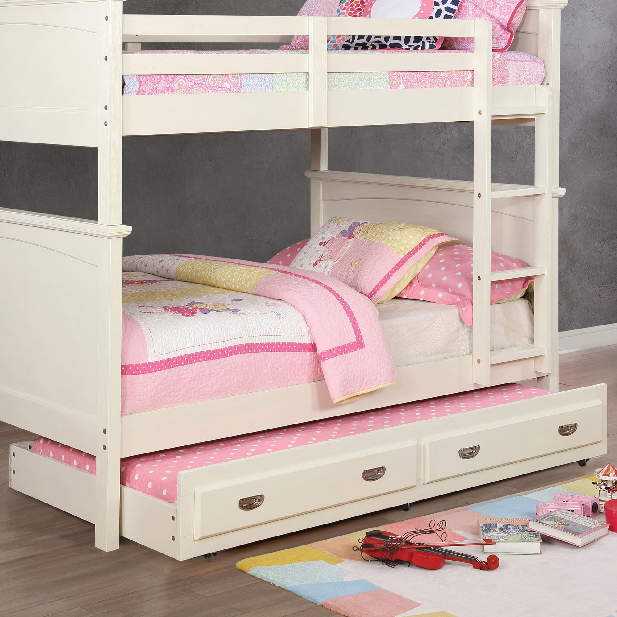 Furniture of America Delphine Transitional Solid Wood Trundle Bed in White - Perfect for Guest Rooms, Kids' Rooms & Small Spaces