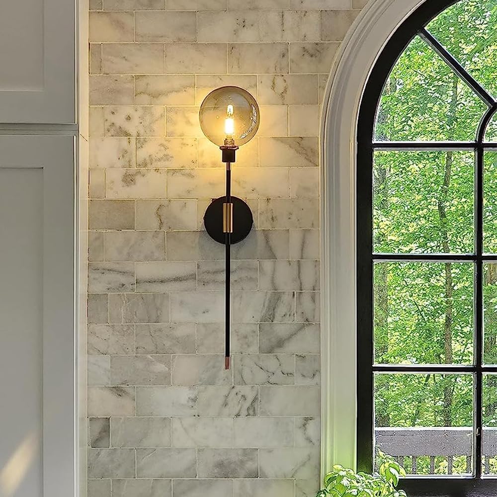 Modern Glass Globe Wall Sconce Light Set of 2 - Brass & Black Contemporary Lighting with Smoke Glass for Hallway, Bedroom, or Living Room - Large Long Sconce Wall Lights for Home Decor