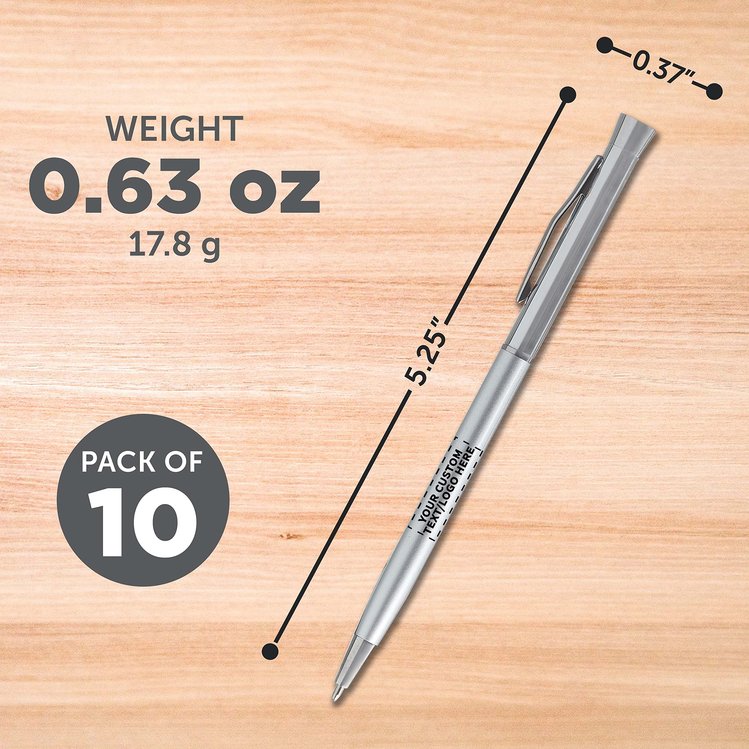 10-Pack Slim Metal Hotel Pens - Customizable Text & Logo - Two-Tone Minimalist Design with Black Ink - Silver Finish - Perfect for Corporate Gifts, Hotels, and Office Use