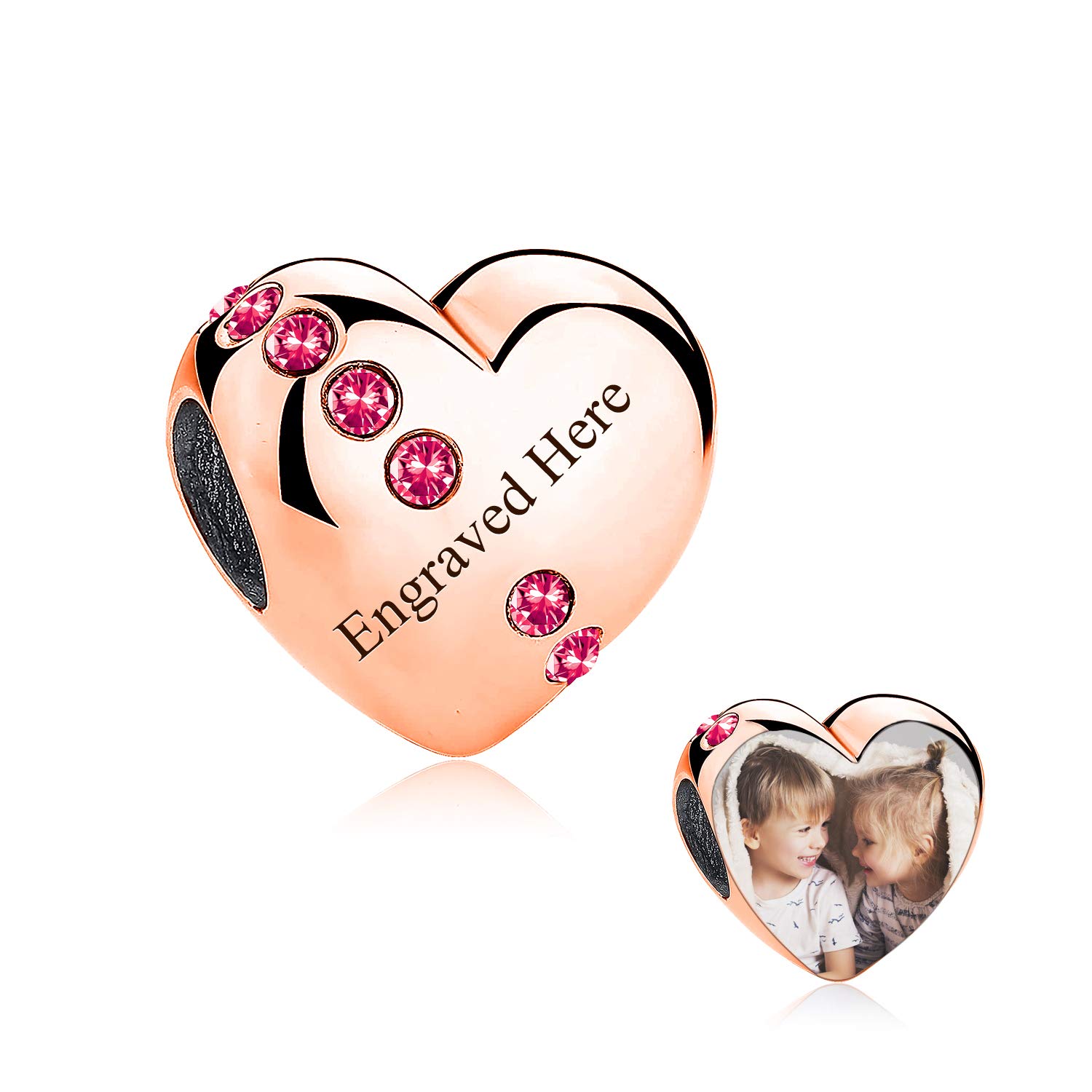 Personalized Photo Charms for Pandora Bracelet - Sterling Silver Custom Engraved Heart Birthstone Bead - Perfect Gift for Women & Girls Birthday, Anniversary, Mother's Day - Great for Jewelry Making & Special Occasions
