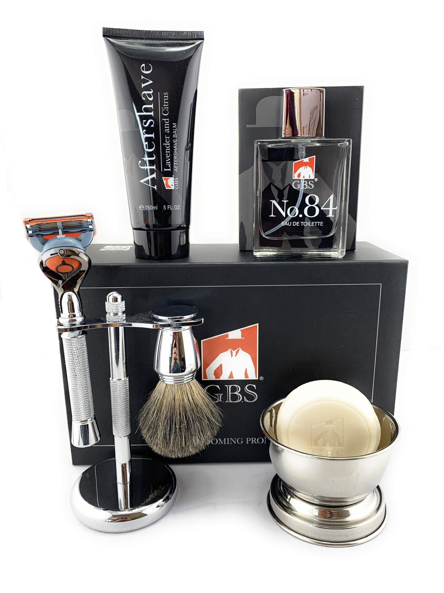 Premium Chrome Shaving Kit for Men - 5 Blade Razor with Long Handle, Shaving Brush, Stainless Bowl, Natural Soap, Stand & Lavender Aftershave - Complete Grooming Set for Smooth Shaving at Home or Travel