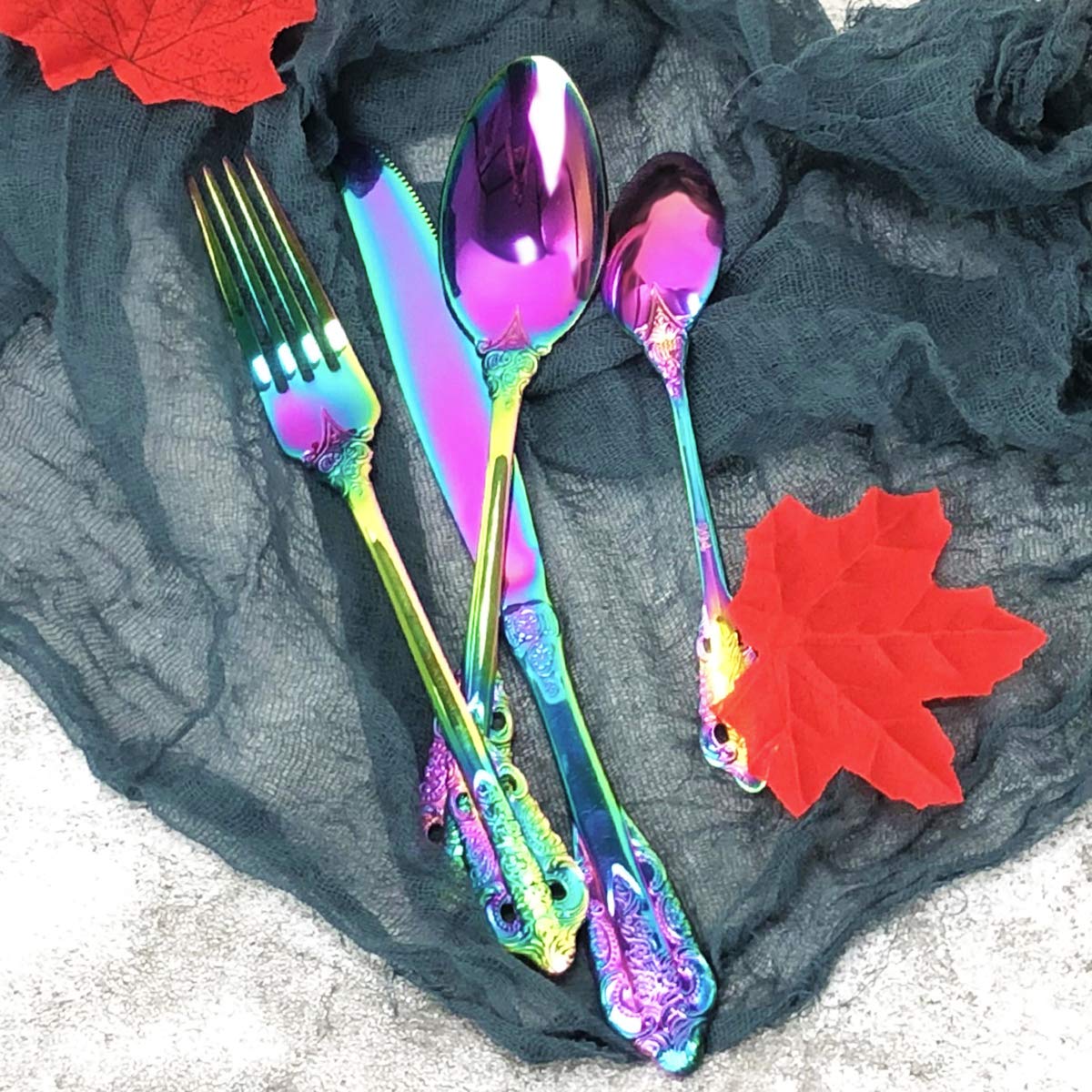 Gugrida 4-Piece Rainbow Silverware Set - 18/10 Stainless Steel Flatware Cutlery (Fork, Knife, Spoon) - Mirror Finish, Dishwasher Safe - Colorful Eating Utensils for Home, Kitchen, Party, Camping & Travel