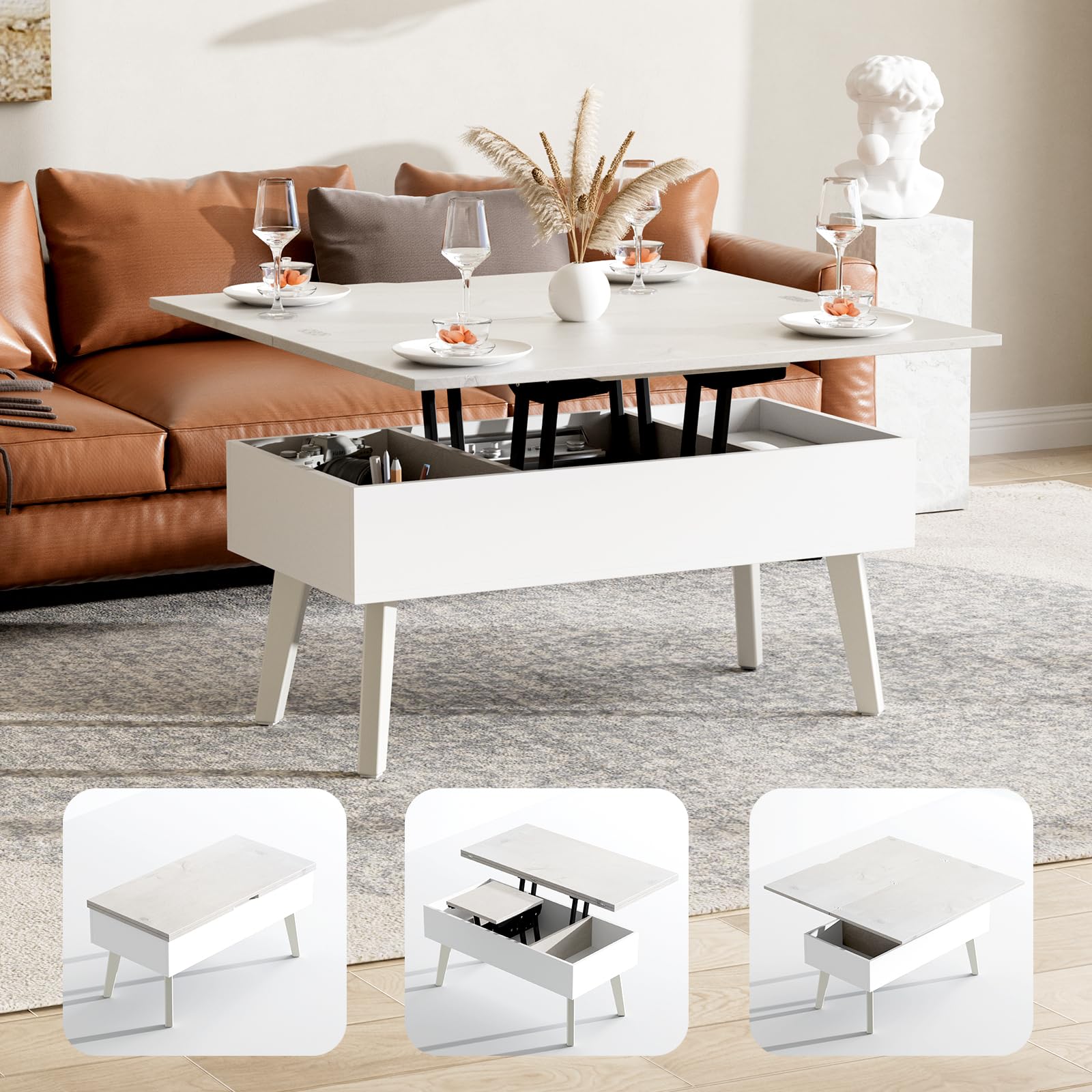 3 in 1 Lift Top Coffee Table - Easy 10-Minute Assembly, Convertible Multifunctional Table to Dining Table & Work Desk with Storage, Modern Gray - Perfect for Small Spaces, Living Rooms & Home Offices