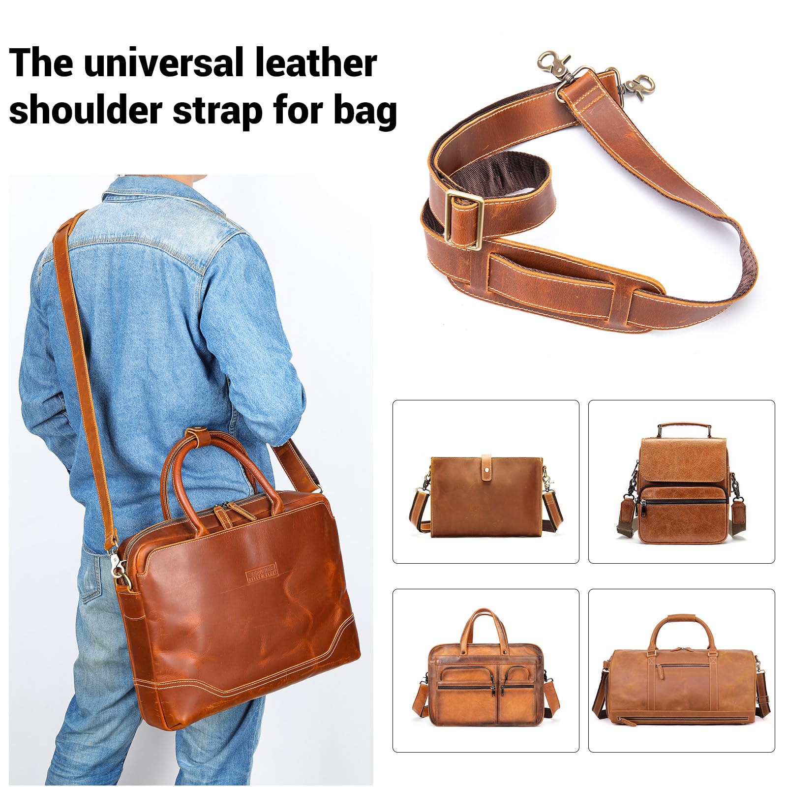 Genuine Leather Adjustable Shoulder Strap for Bags - Duffel, Crossbody, Laptop & Briefcase - Brown