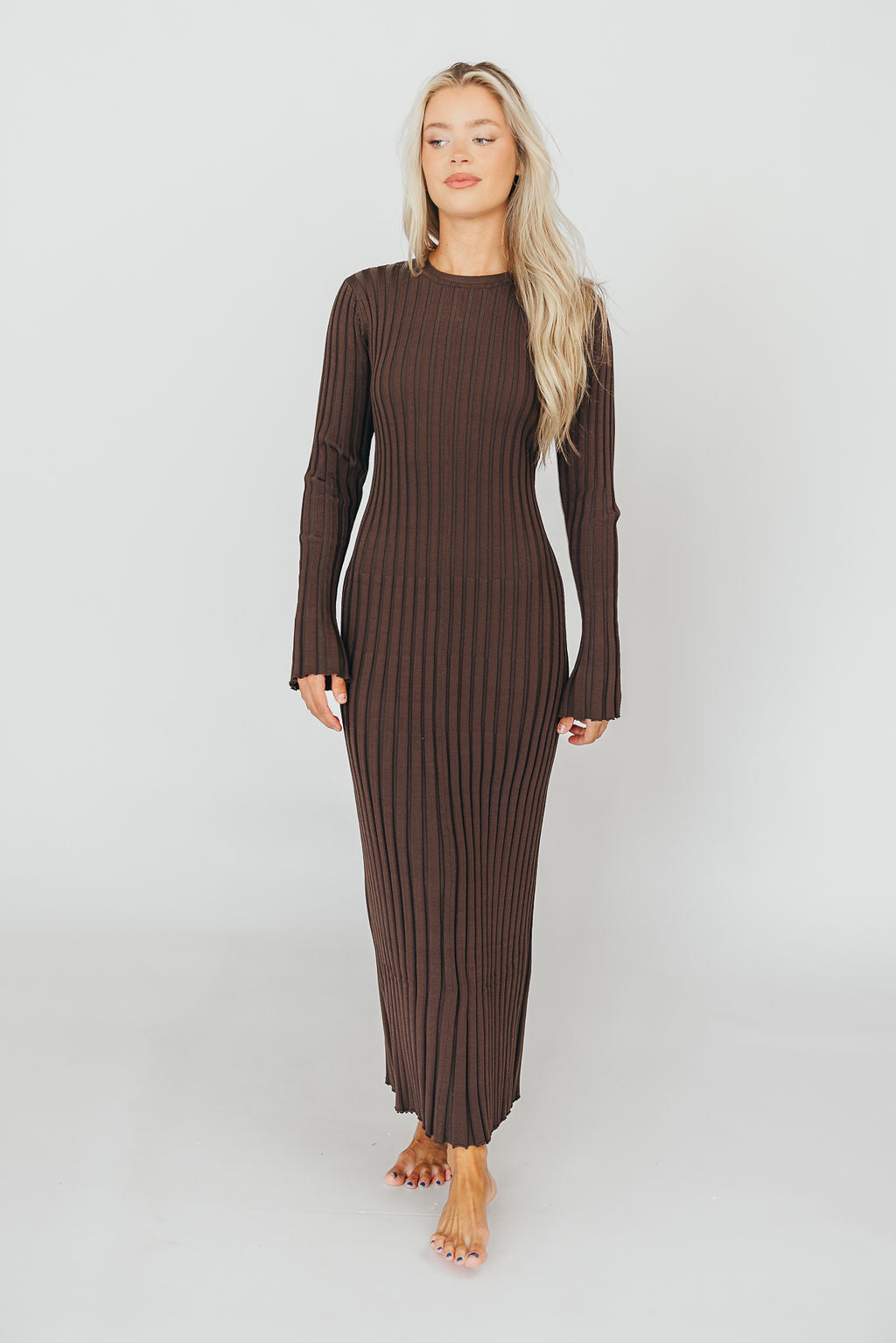 Colette Premium Long Sleeve Ribbed Knit Maxi Dress - Brown Maternity Dress for Pregnancy | Bump Friendly, Comfortable & Stylish for Casual Outings, Date Nights & Special Occasions